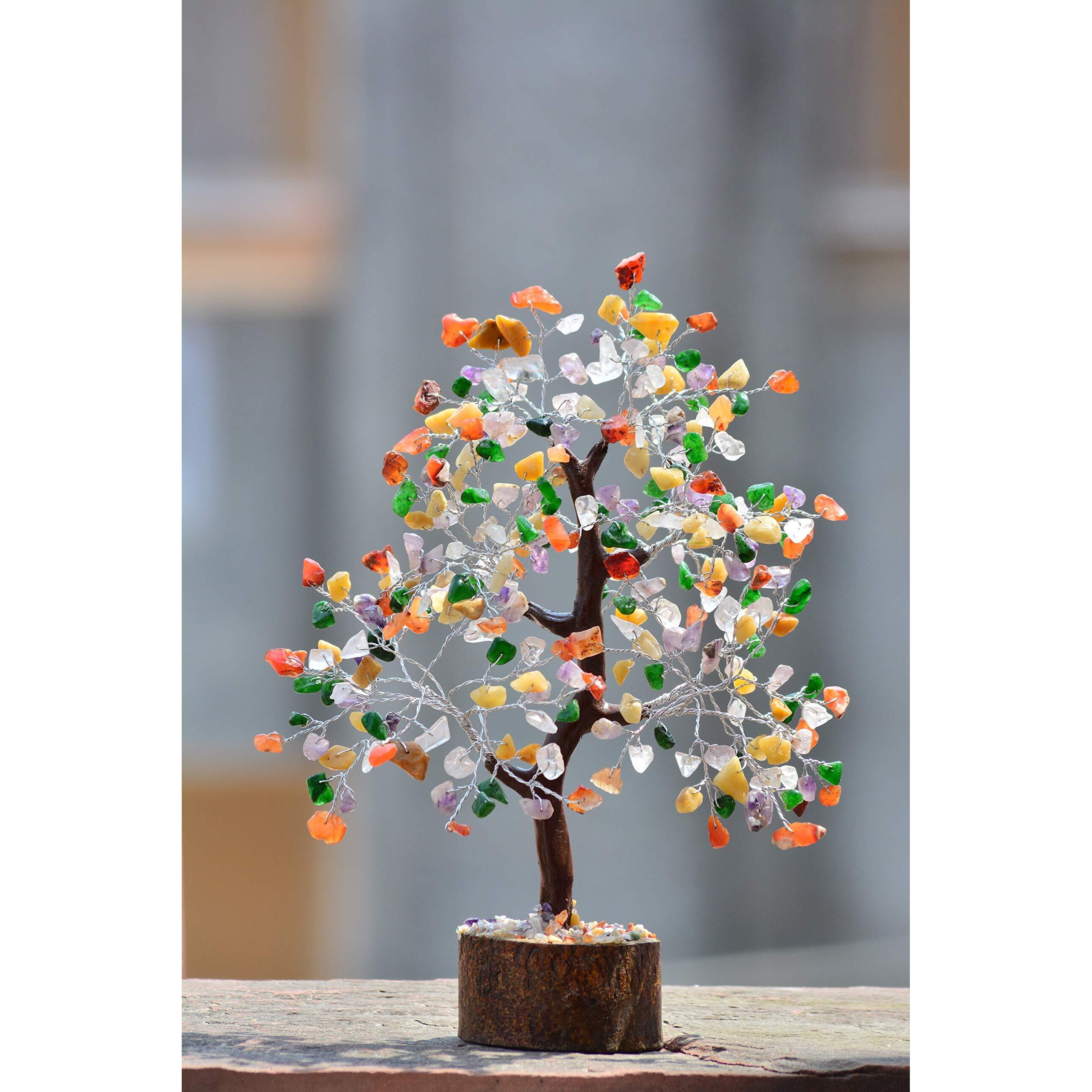 PREK Crystals and Stones, Mix 7 Chakra Crystal Showpiece for Home Decor Decoration Bonsai Money Tree, Size 10-12 inches, Multicolor Silver Wire. 1 Piece