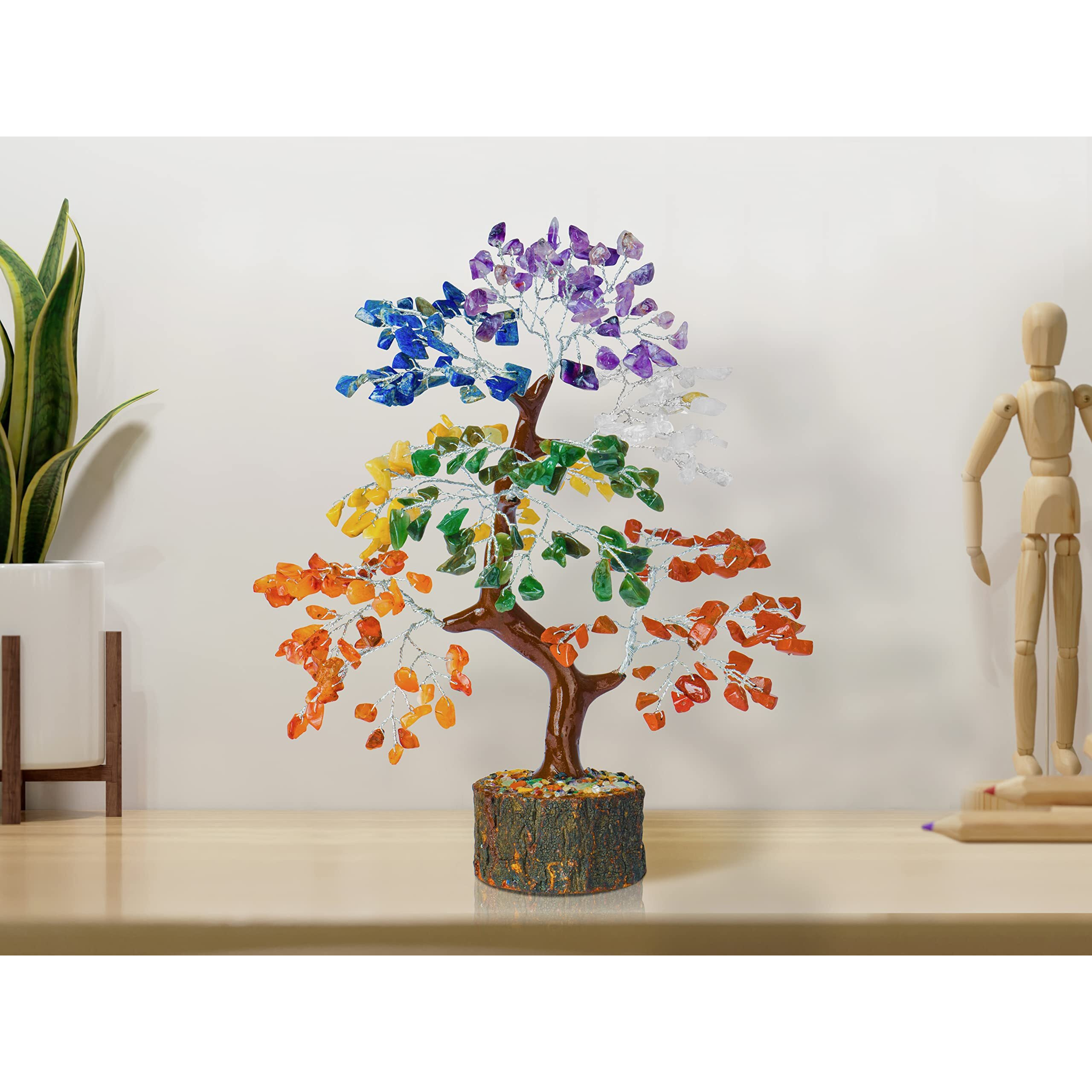 PREK 7 Seven Chakra Crystal Tree Gemstone Tree Crystal Showpieces for Home Decor Items Good Luck Gifts with Silver Wire and 300 Beads Size 10-12 Inches (Seven Chakra Silver)