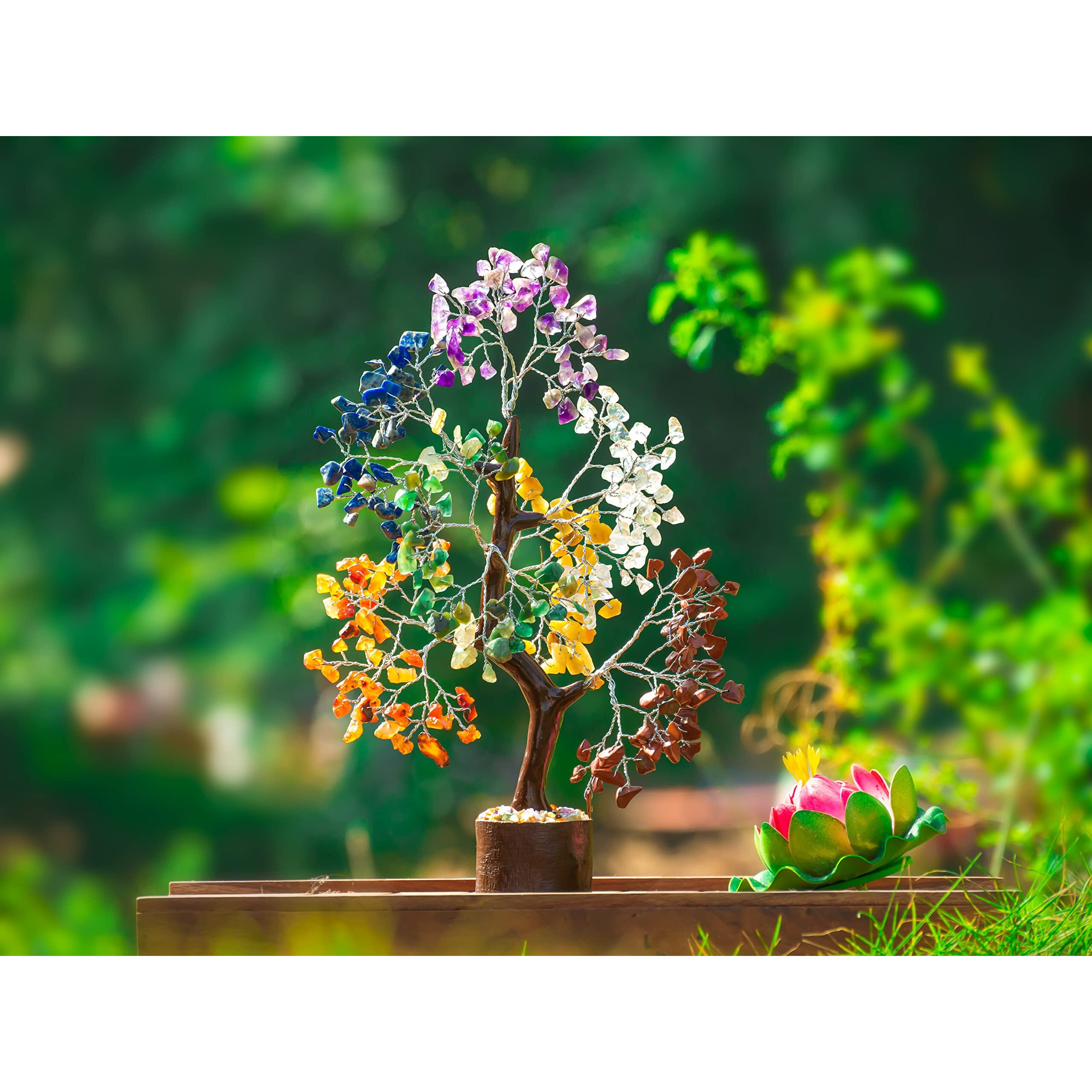 PREK 7 Seven Chakra Crystal Tree Gemstone Tree Crystal Showpieces for Home Decor Items Good Luck Gifts with Silver Wire and 300 Beads Size 10-12 Inches (Seven Chakra Silver)