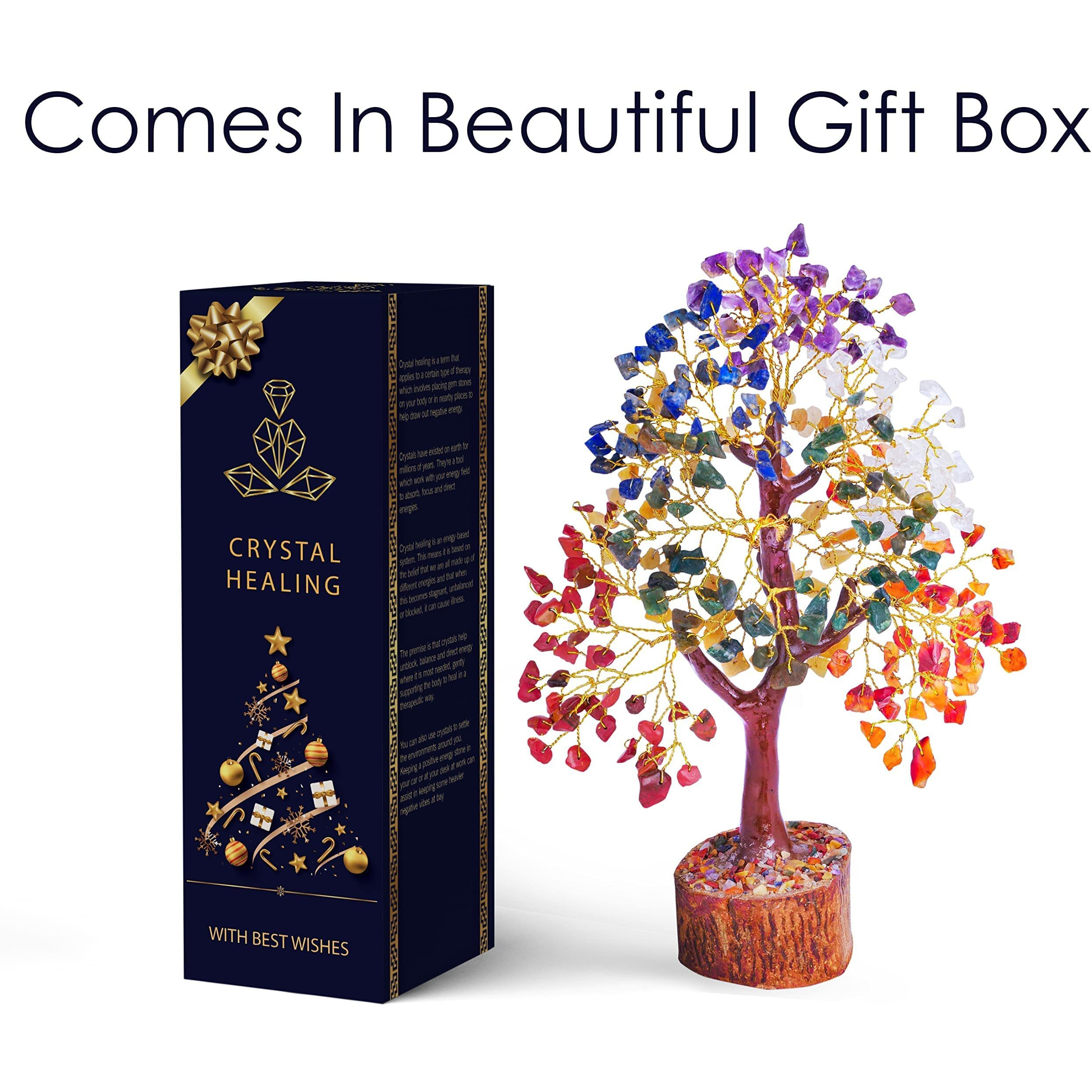 PREK Crystals Gemstones, Seven Chakra Crystal Tree Good Luck Show Pieces for Home Decor Items Decoration Bonsai Money Tree Plant Marriage Gift, Size 10-12 inches, Multicolor Golden Wire