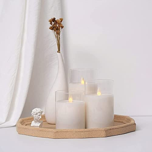 LTETTES LED Glass Cup Pillar Flameless Electric Candles | Flickering Faux Wick | White Color Glass | Battery Powered with Multifunctional Remote Controller for Home Decor | Set of 3 3 D x 4,5,6 H