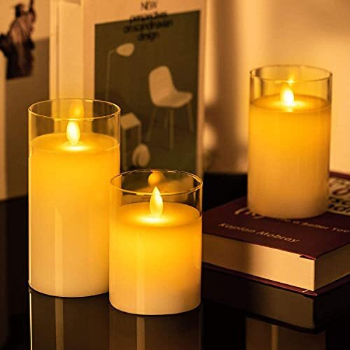 LTETTES LED Glass Cup Pillar Flameless Electric Candles | Flickering Faux Wick | White Color Glass | Battery Powered with Multifunctional Remote Controller for Home Decor | Set of 3 3 D x 4,5,6 H
