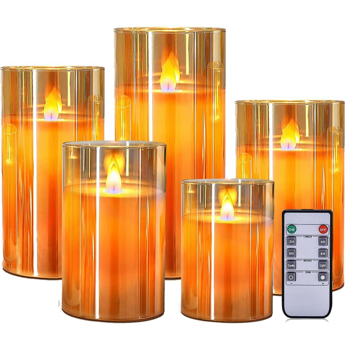 LTETTES Set of 5 Premium LED Amber Glass Cup Pillar Candles with Real Wax with Moving Faux Wick | Battery Powered with Remote Controller | 3 H x4,5,6,7,8 Dia | Ideal for Home Decor and Gifting