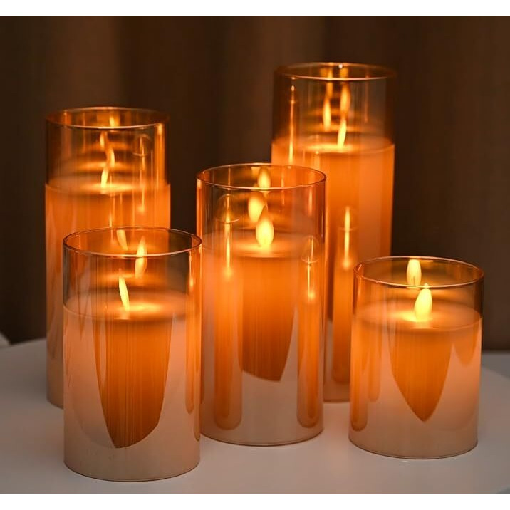 LTETTES Set of 5 Premium LED Amber Glass Cup Pillar Candles with Real Wax with Moving Faux Wick | Battery Powered with Remote Controller | 3 H x4,5,6,7,8 Dia | Ideal for Home Decor and Gifting