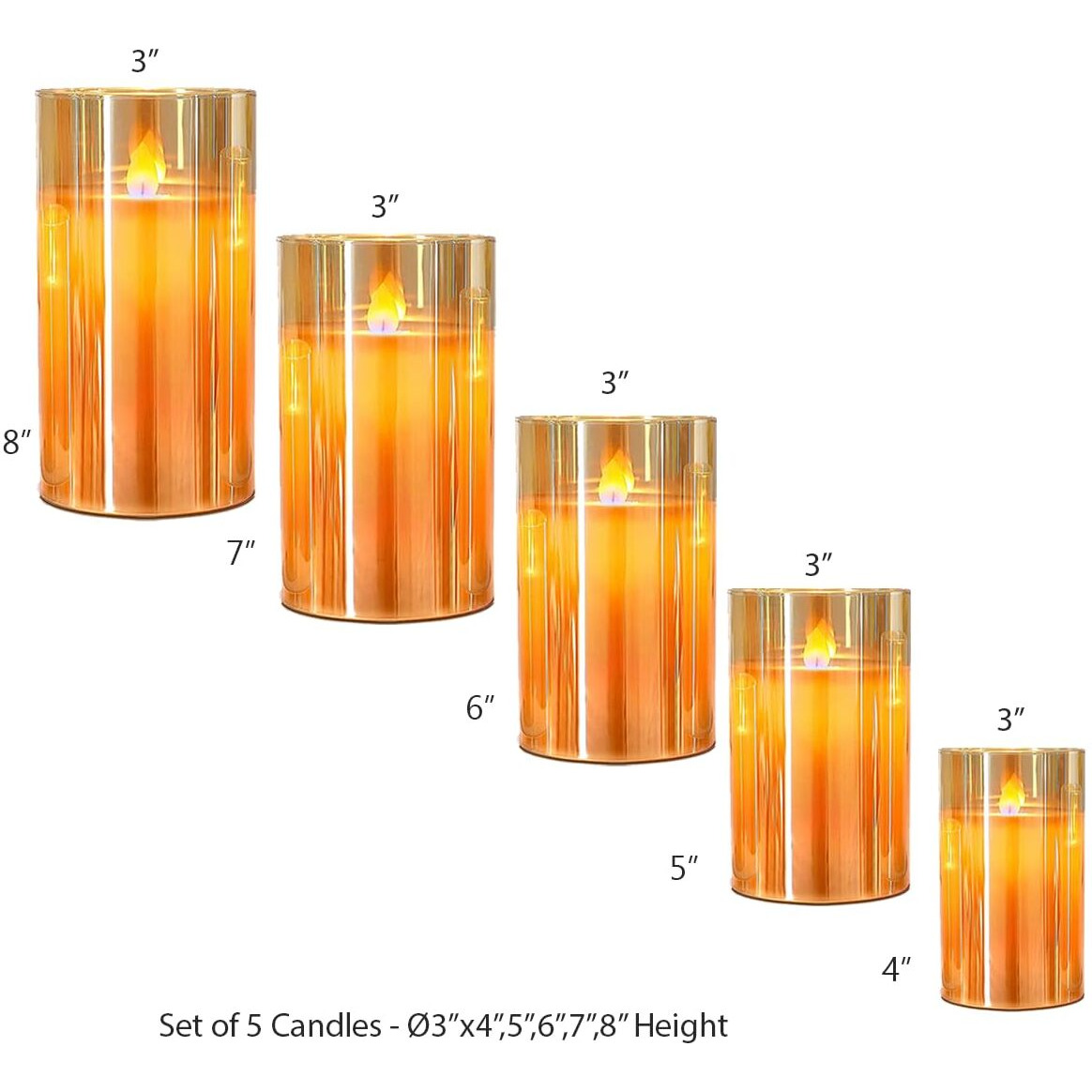 LTETTES Set of 5 Premium LED Amber Glass Cup Pillar Candles with Real Wax with Moving Faux Wick | Battery Powered with Remote Controller | 3 H x4,5,6,7,8 Dia | Ideal for Home Decor and Gifting