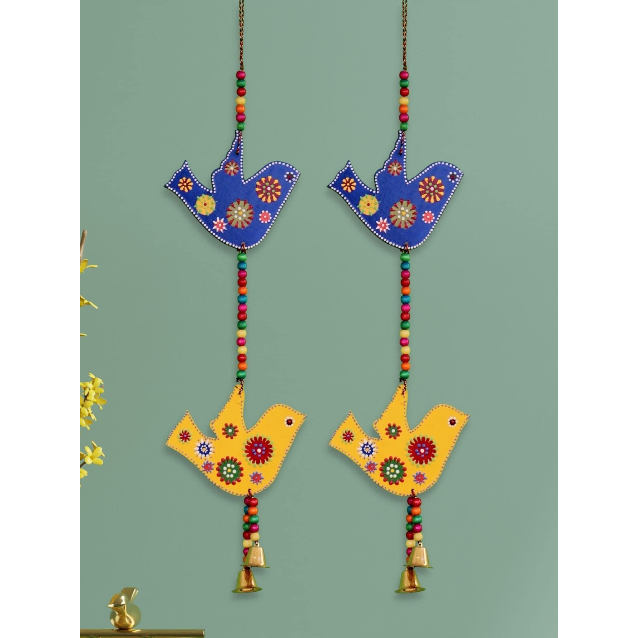 JH Gallery Handcrafted and Emboss Painted Colorful Wooden Birds Hangings for Wall/Garden Decor, Multicolor, (Pack of 1 Pair)