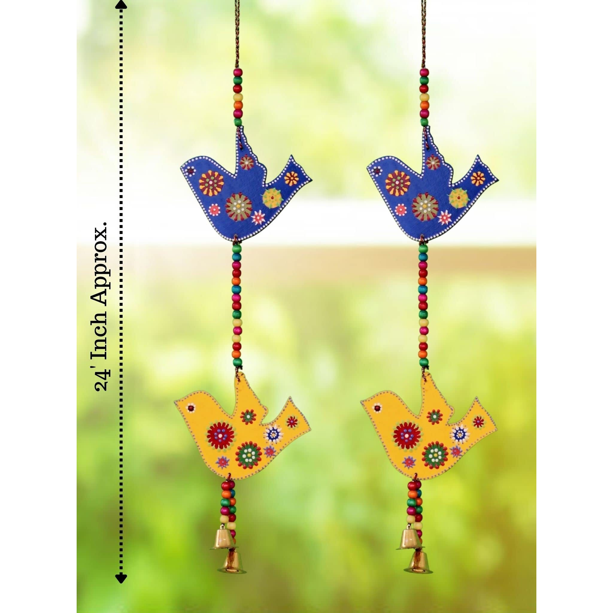 JH Gallery Handcrafted and Emboss Painted Colorful Wooden Birds Hangings for Wall/Garden Decor, Multicolor, (Pack of 1 Pair)