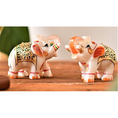Fashion Bizz Handicraft Home Decor Marble Meena Elephant Pair for Home Decor | Designer Marble Showpiece Elephants Pair with Unique Golden Work (8.2 cm x 4.5 cm x 7 cm)