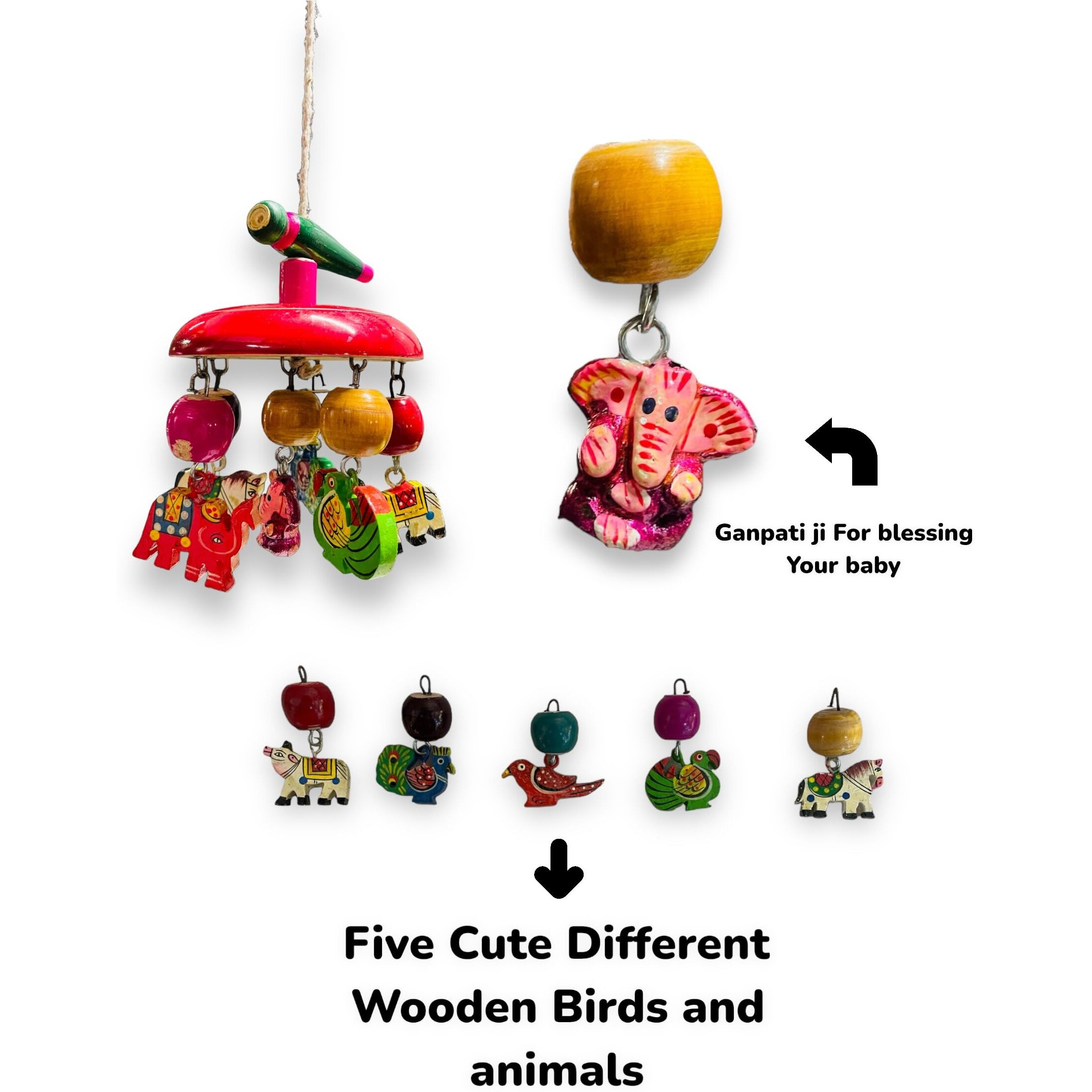 A to Z Hub Wooden Hanging Toys for New Born Baby Ganpati Theam Rattle Crinkle Squeaky Toy Car Seat Stroller Toys Cradle/jhula/parna/Swing Hanging Toy for Infant Babies.
