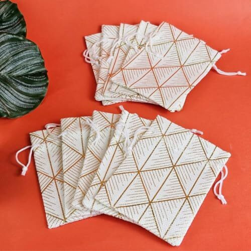 SATYAM KRAFT 10 pcs Golden Lines Drawstring stylish Storage Potli pouches for Jewelries, Money, Paper Notes Women Wallet, Gift Bags,rakshabandhan, Women handbag Shagun Pouch, Candy Bags,ganpati pooja