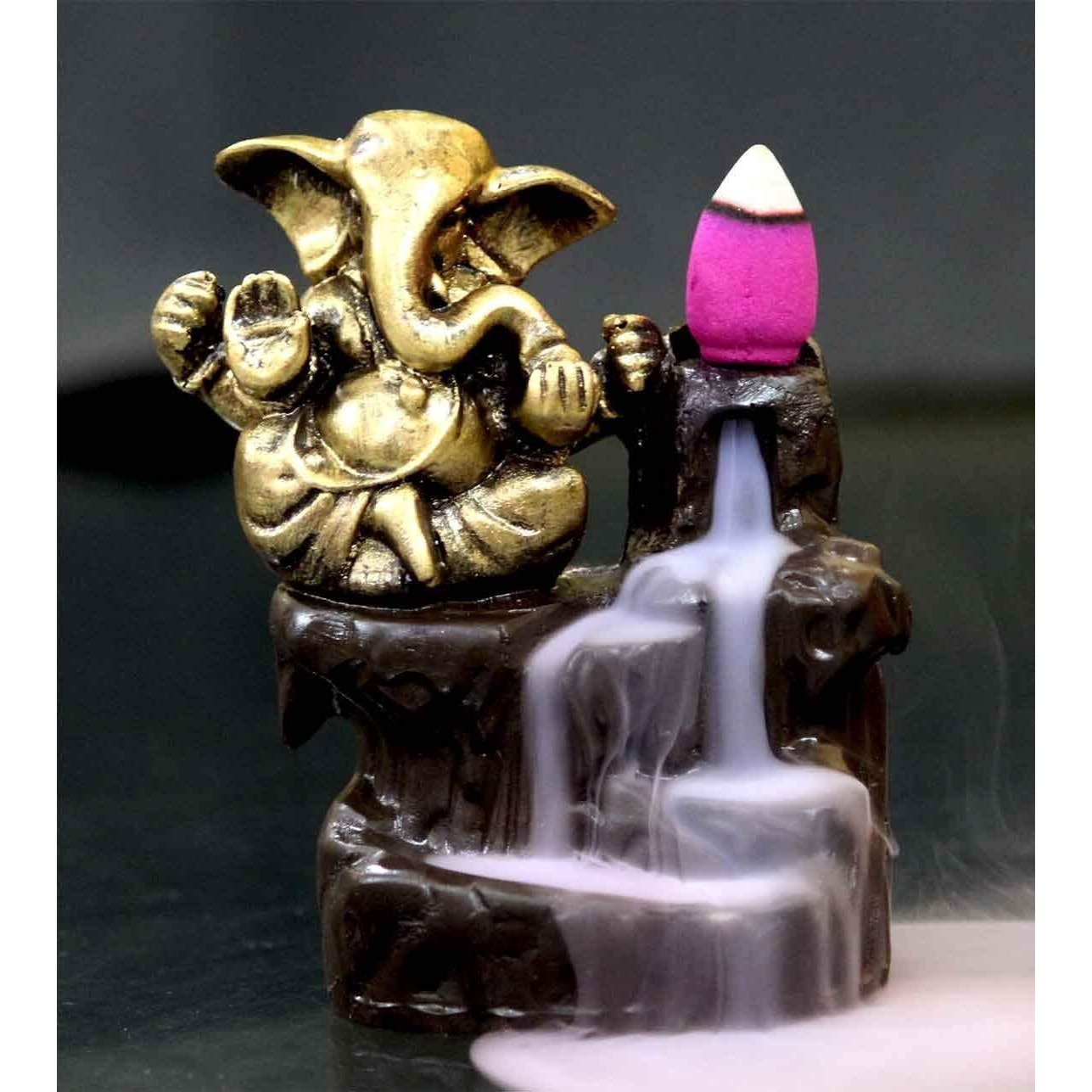HC VILLA Smoke Backflow Cone Incense Holder Decorative Showpiece with 10 Free Smoke Backflow Scented Cone Incenses (Gold Ganesh)(Resin, Conical)