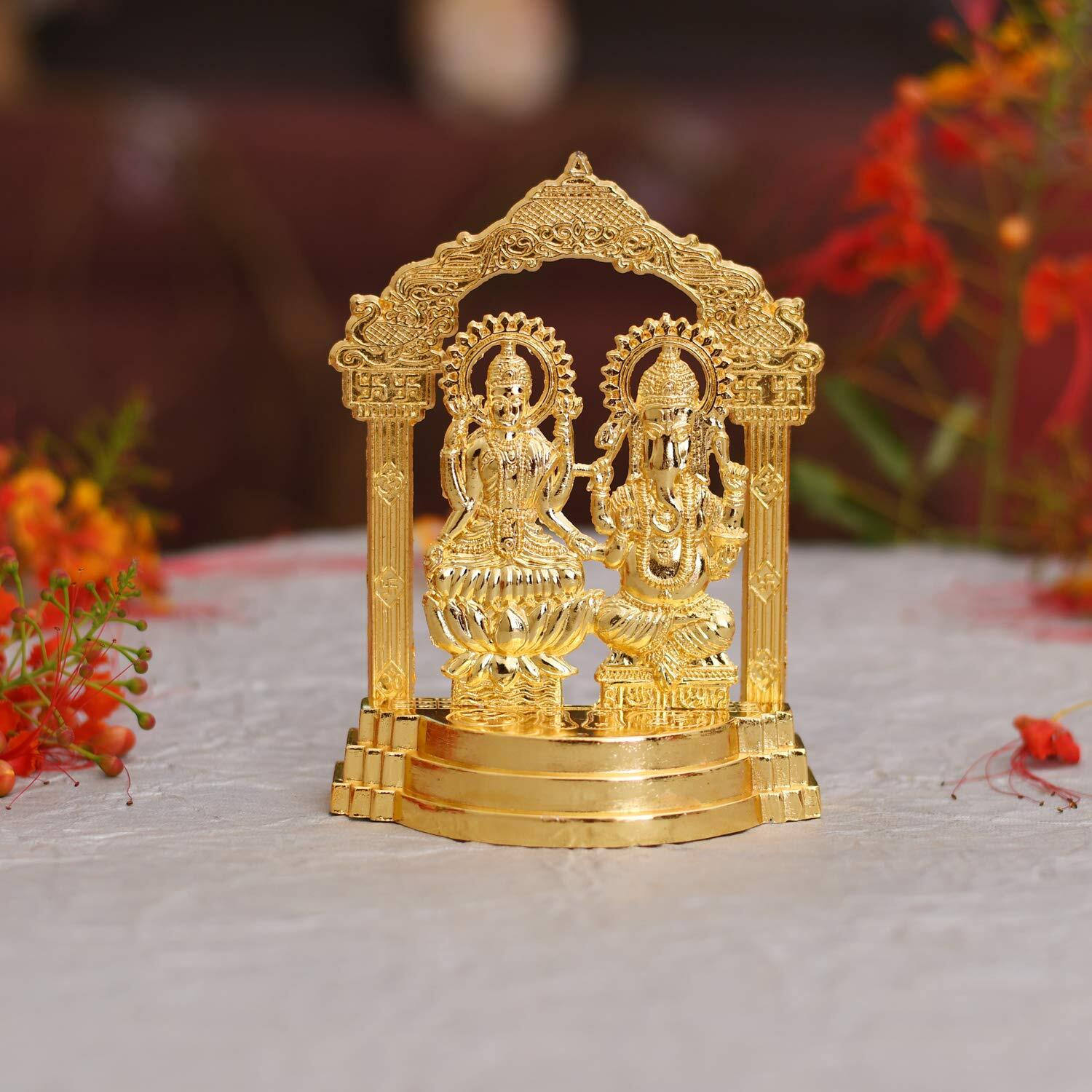 Collectible India Gold Plated Laxmi Ganesh Idol Showpiece - Metal Lakshmi Ganesh Statue - Diwali Home Decoration Items Gift - Lakshmi Ganesh for Diwali puja