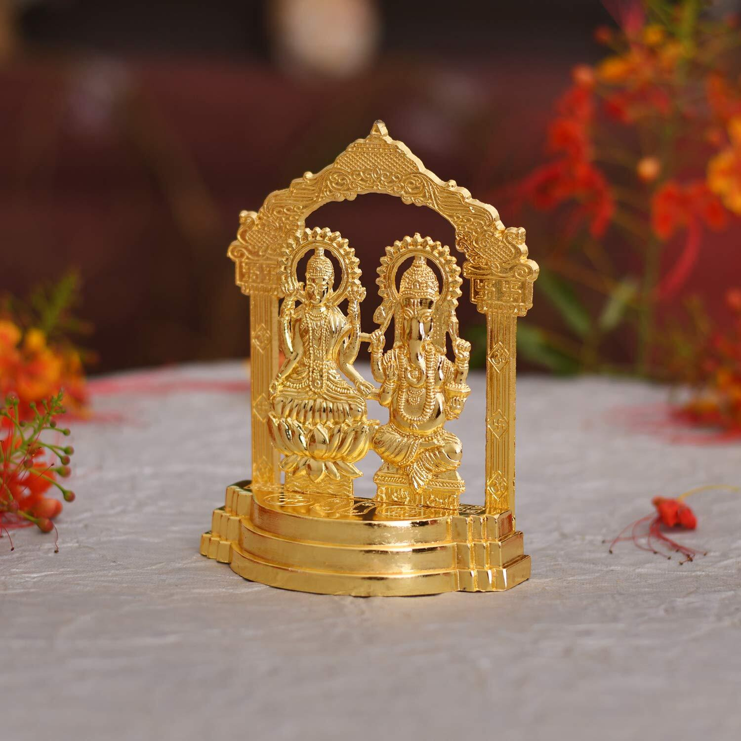 Collectible India Gold Plated Laxmi Ganesh Idol Showpiece - Metal Lakshmi Ganesh Statue - Diwali Home Decoration Items Gift - Lakshmi Ganesh for Diwali puja