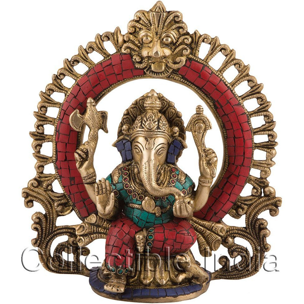 Collectible India Brass Lord Ganesh Idol, 9 Inches, Multicolour
