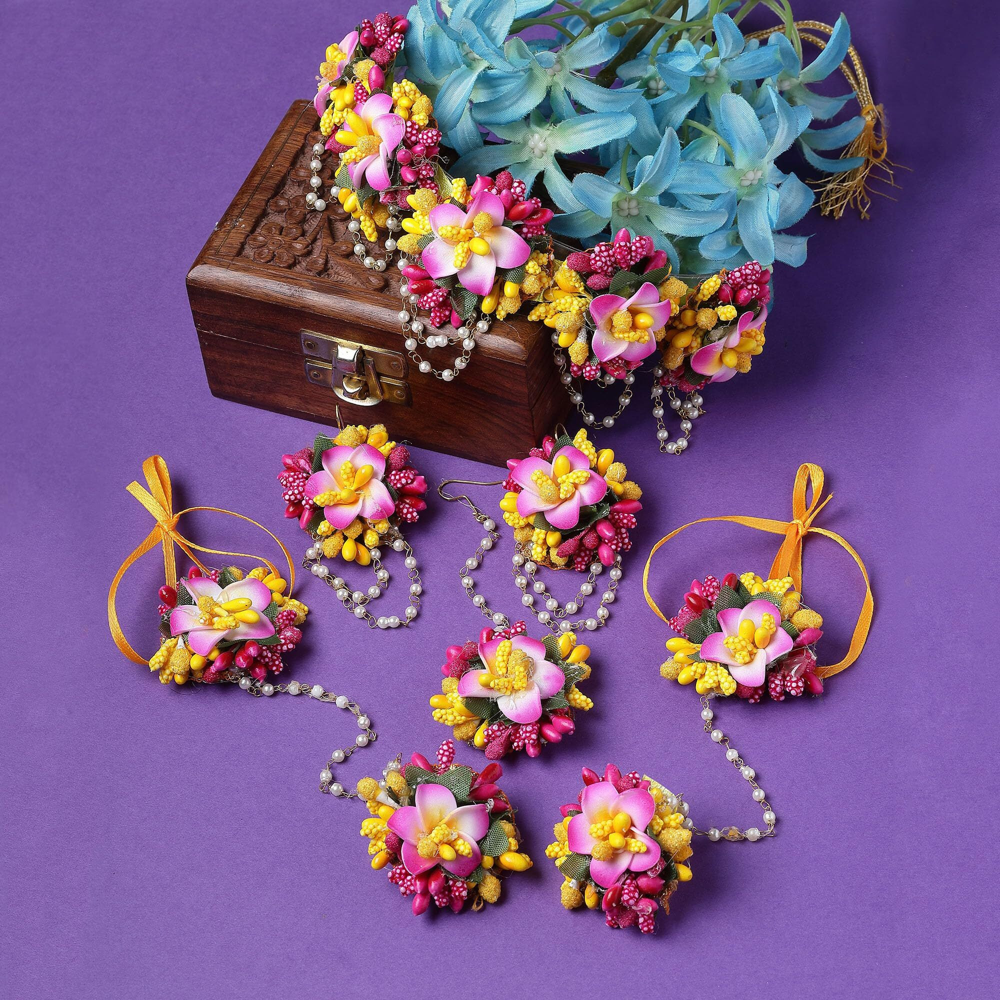 ZENEME White Pearl Beaded Gota Patti Floral Beaded Haldi & Mehendi Necklace With Earrings, Maang Tikka & Bracelet Jewellery Set For Girls and Women (Pink)
