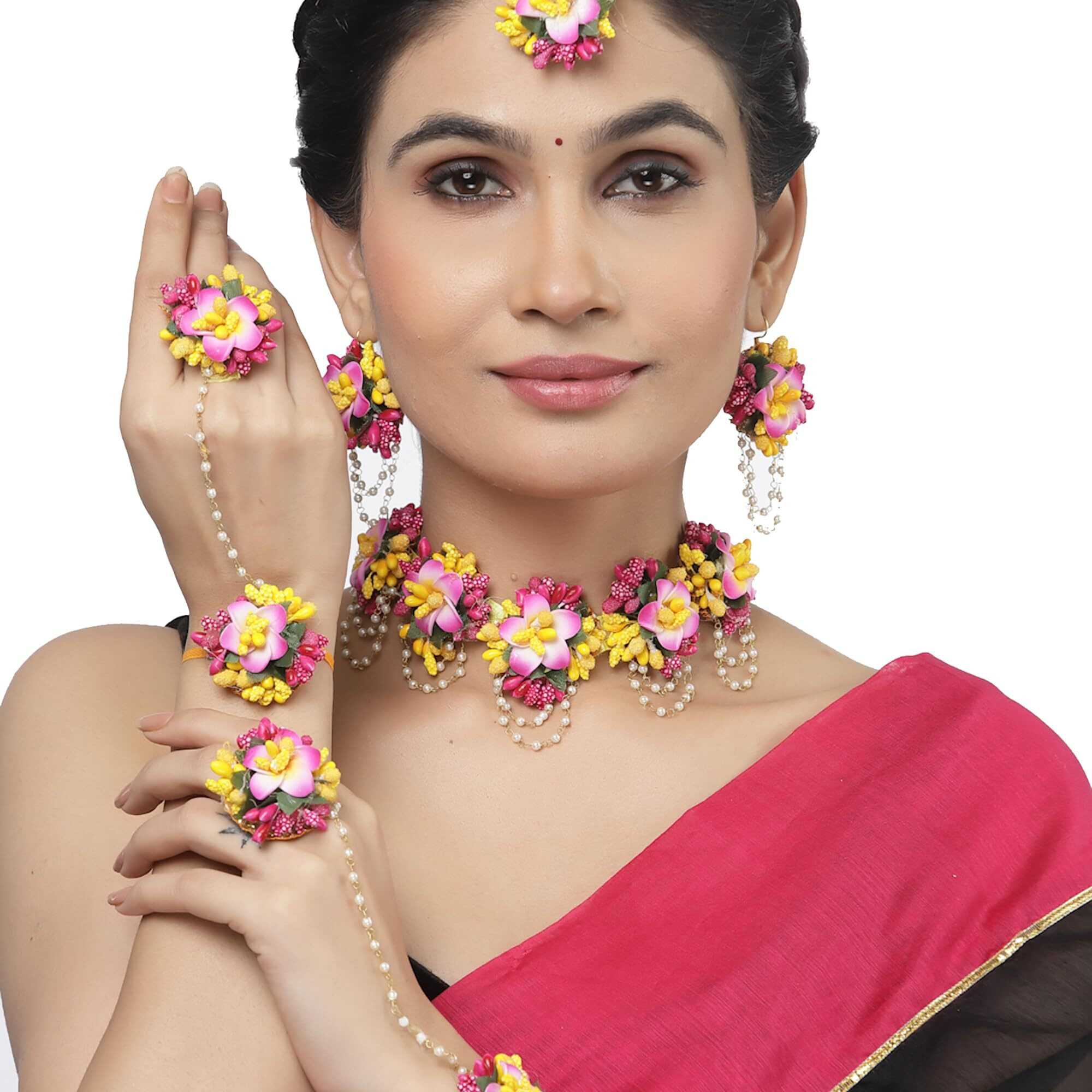 ZENEME White Pearl Beaded Gota Patti Floral Beaded Haldi & Mehendi Necklace With Earrings, Maang Tikka & Bracelet Jewellery Set For Girls and Women (Pink)