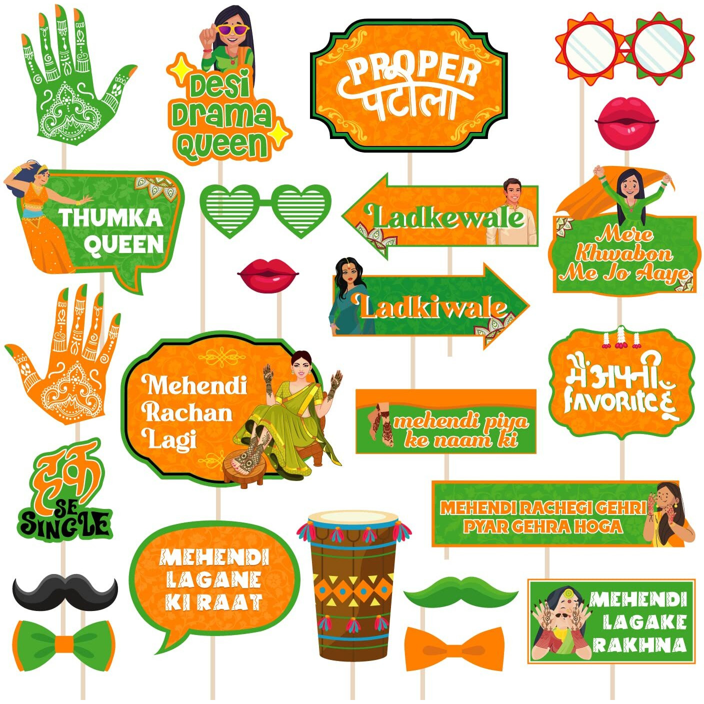 Festiko 24 Pcs Mehendi Photobooth Props, Mehendi Ceremony Props, Mehendi Function Decorations, Wedding Photobooth Props, Mehendi Props
