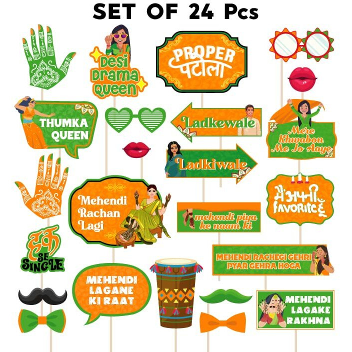 Festiko 24 Pcs Mehendi Photobooth Props, Mehendi Ceremony Props, Mehendi Function Decorations, Wedding Photobooth Props, Mehendi Props