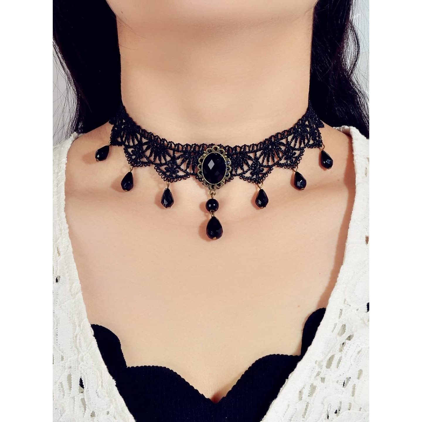 Yellow Chimes Necklace For Women Black Fabric Lace With Black Stone Hanging Choker Necklace For Women and Girls