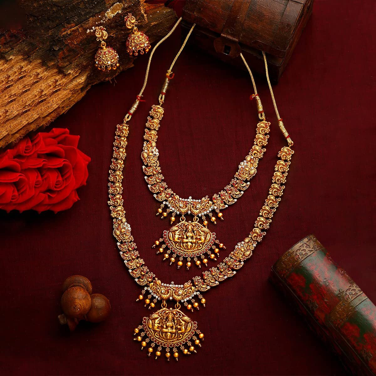 Yellow Chimes Jewellery Set for Women Gold Plated Traditional Temple Jewelry Set Antique Necklace Set with Earrings and Maangtikka for Women and Girls (JS 16)