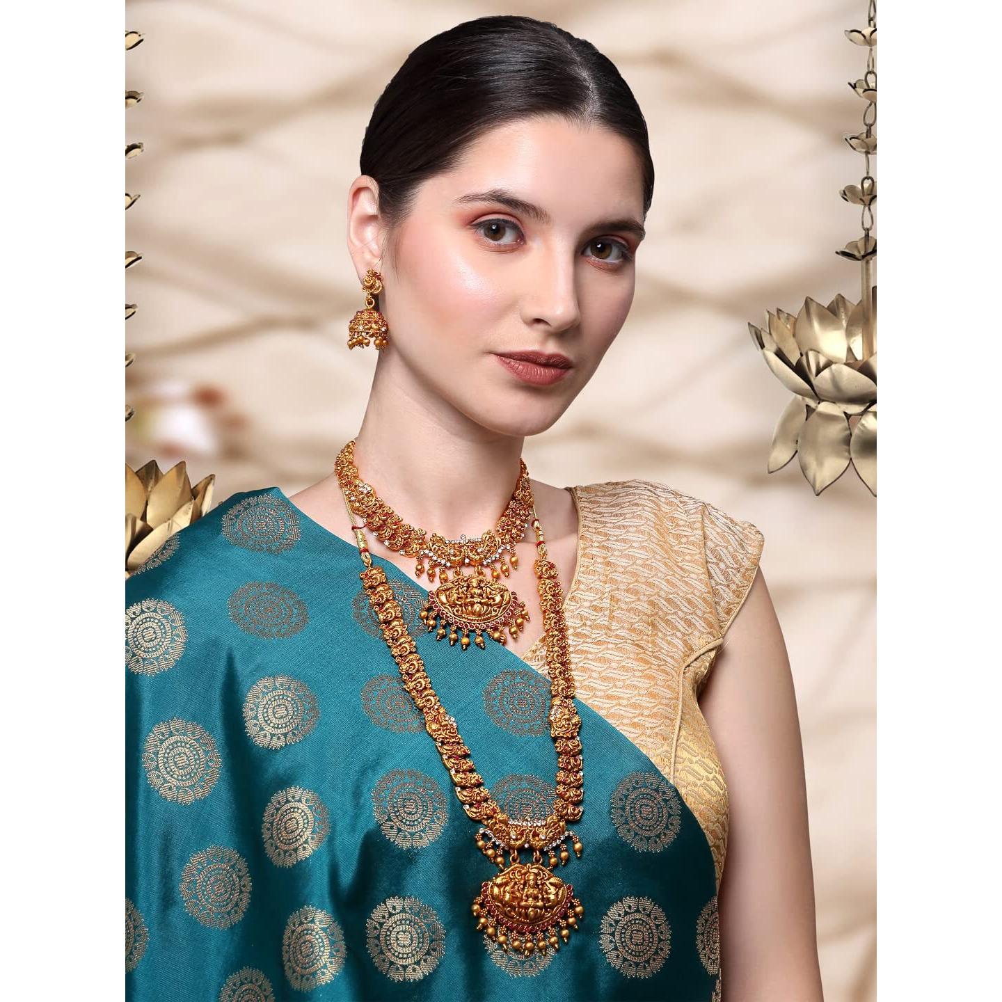 Yellow Chimes Jewellery Set for Women Gold Plated Traditional Temple Jewelry Set Antique Necklace Set with Earrings and Maangtikka for Women and Girls (JS 16)
