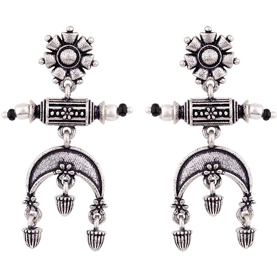 Voylla Oxidised Silver Plating Brass Floral Motifs Dangler Earrings for Women and Girls, Boho/Tribal Style