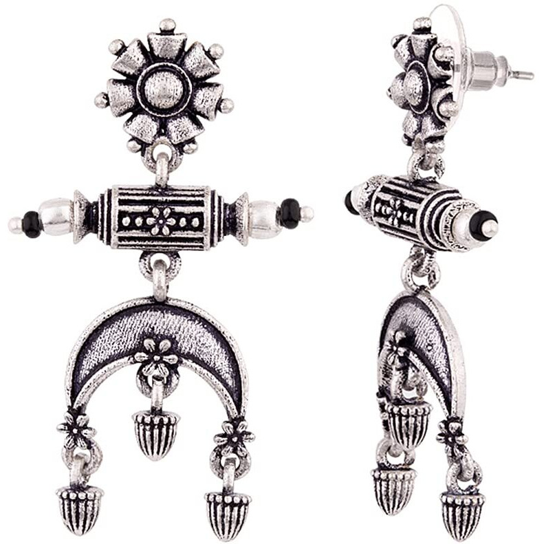 Voylla Oxidised Silver Plating Brass Floral Motifs Dangler Earrings for Women and Girls, Boho/Tribal Style
