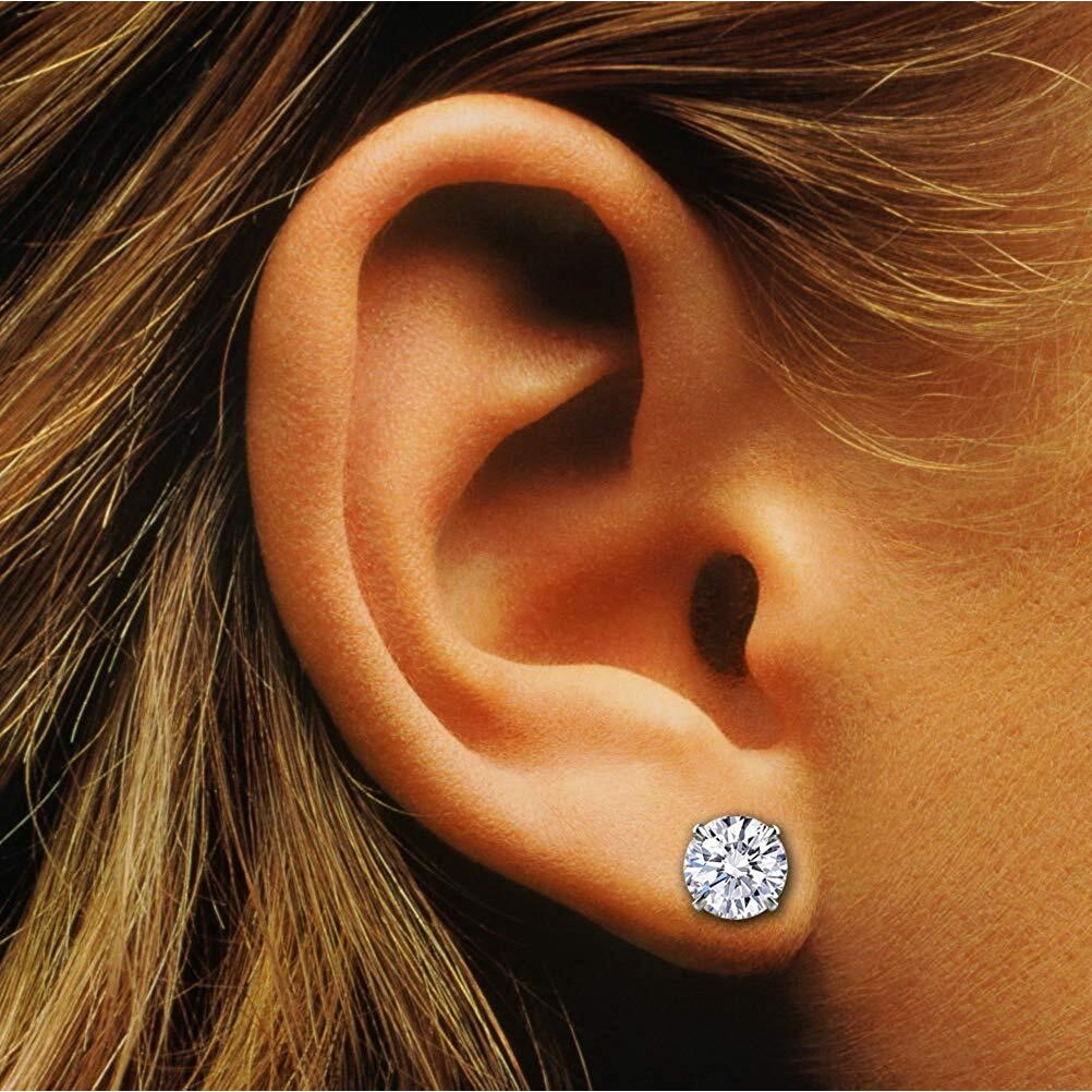 Abhooshan 925 Sterling Silver pair of Round shape Single White Cubic Zircon (CZ) Stone Solitaire Piercing Stud Earrings For Men, Women,Girls & Boys.Helix Cartilage Tragus Ear Lobe Multi Piercing (9)