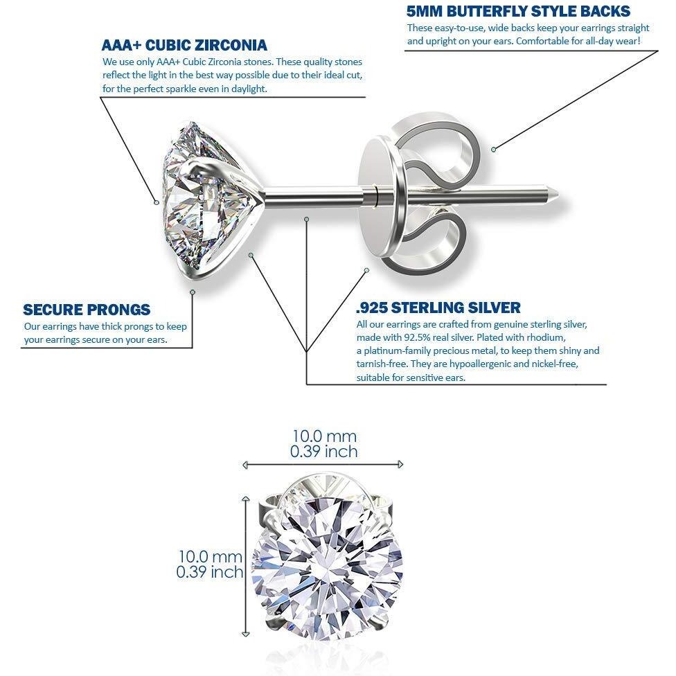 Abhooshan 925 Sterling Silver pair of Round shape Single White Cubic Zircon (CZ) Stone Solitaire Piercing Stud Earrings For Men, Women,Girls & Boys.Helix Cartilage Tragus Ear Lobe Multi Piercing (10)