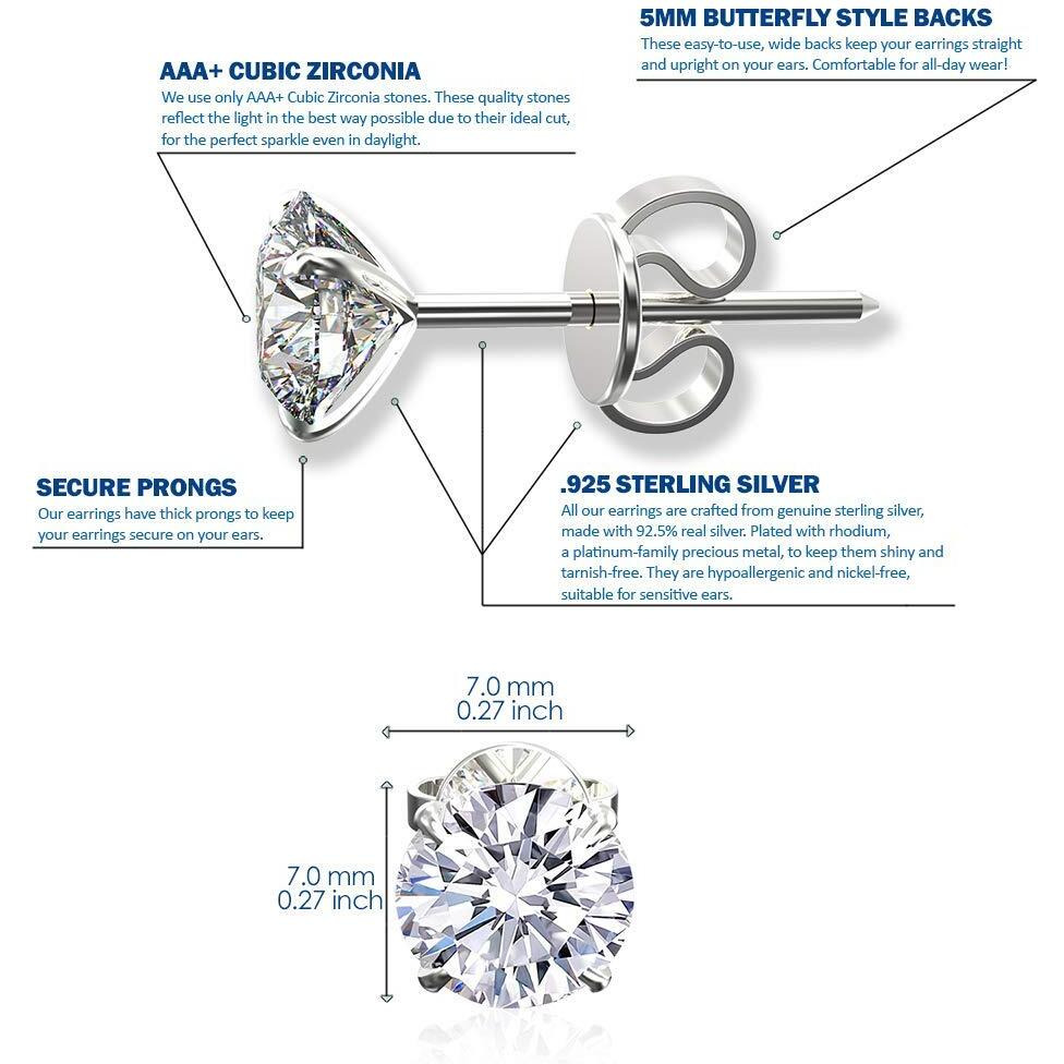 Abhooshan 925 Sterling Silver pair of Round shape 7 mm Single White Cubic Zircon (CZ) Stone Solitaire Stud Earrings For Men, Women,Girls & Boys (7)