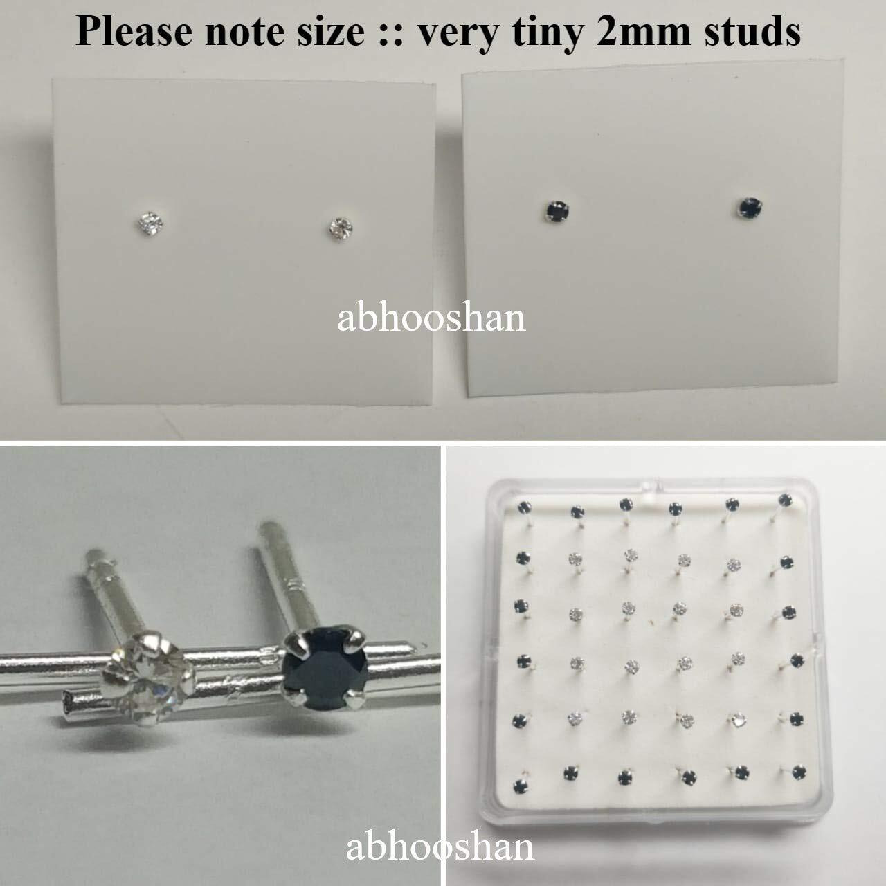 Abhooshan 925 Sterling Silver Pair of Round shape 2mm Very Tiny Single White CZ Stone Piercing Stud Earrings for Women & Girls. Multi Piercing Ear Lobe