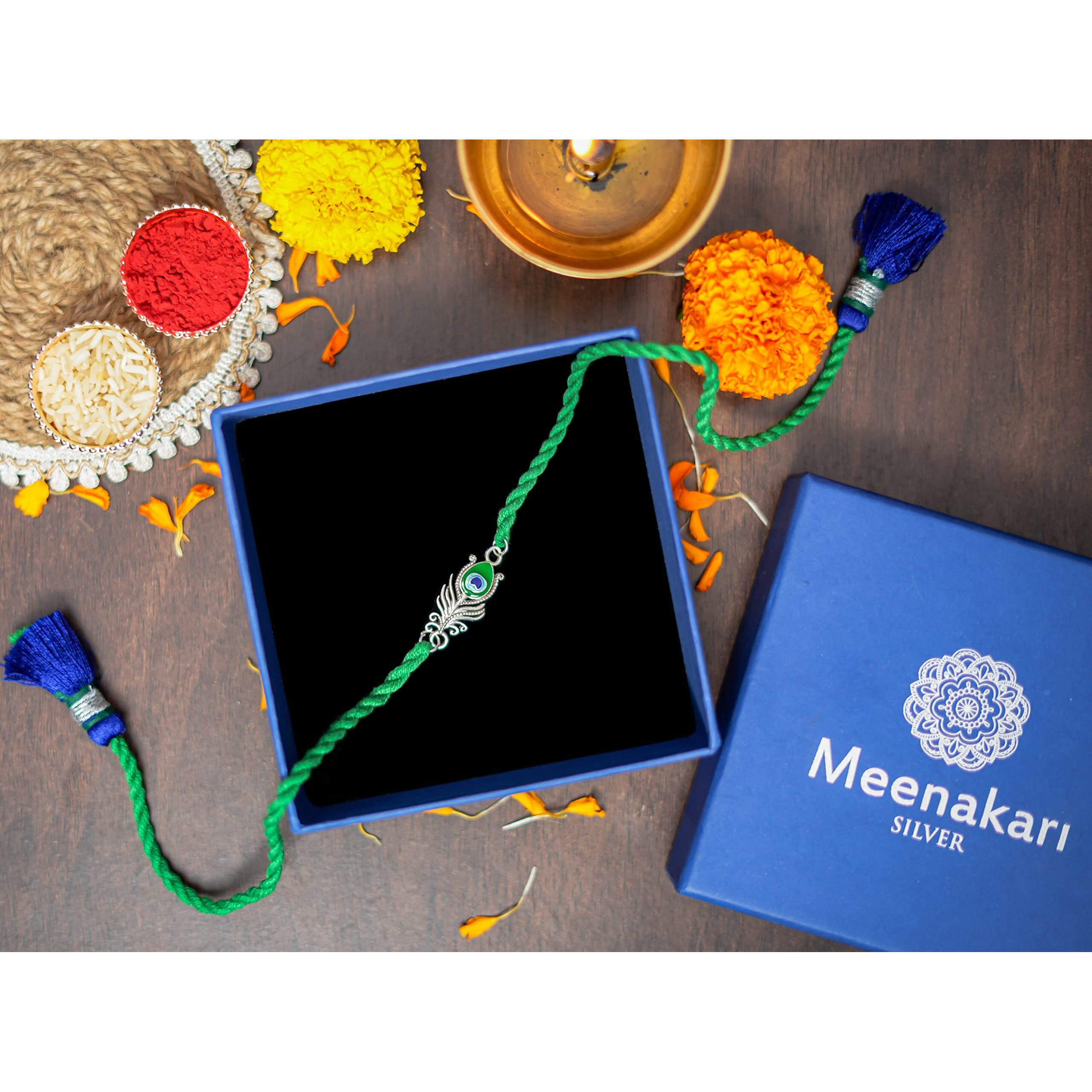 MEENAKARI HERITAGE JEWELLERY 925 Sterling Silver Morpankh Peacock Feather Krishna Rakhi Bracelet Set with Roli Chawal and Rakshabandhan Greeting Card For Men