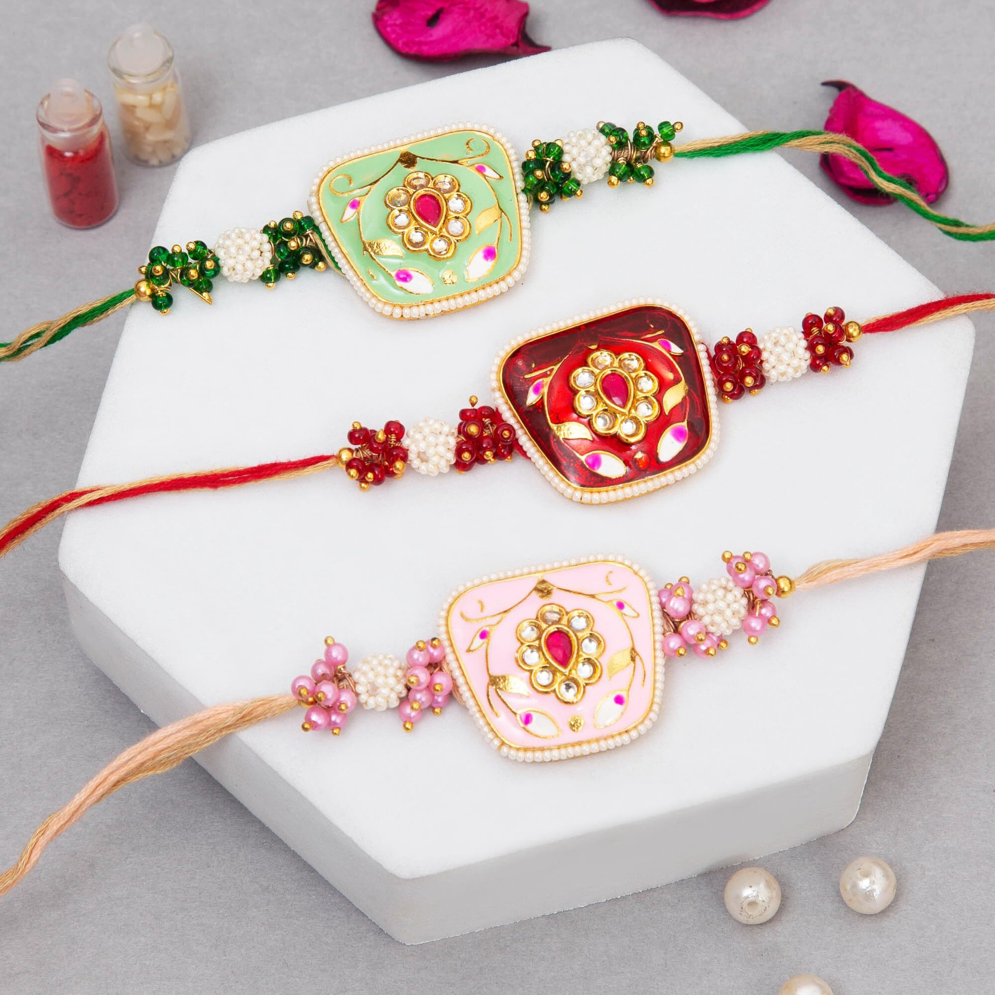 To The Nines Elegant Golden Rakhi/Band for Beloved Brother (Rakhi/Band Combo OF 3) (Multi217)