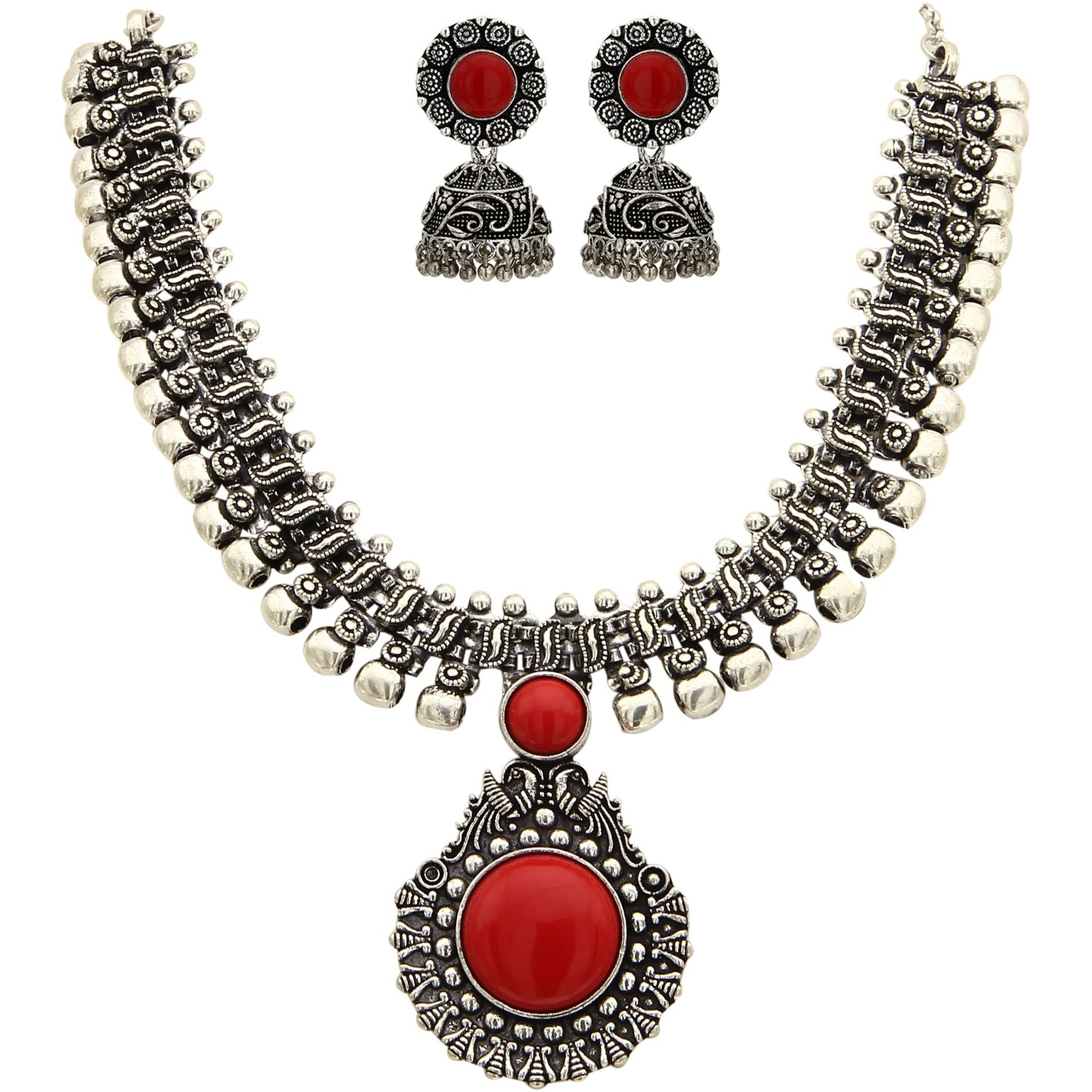 Sasitrends Oxidised German Silver Necklace with Jumki for Women and Girls (Red)