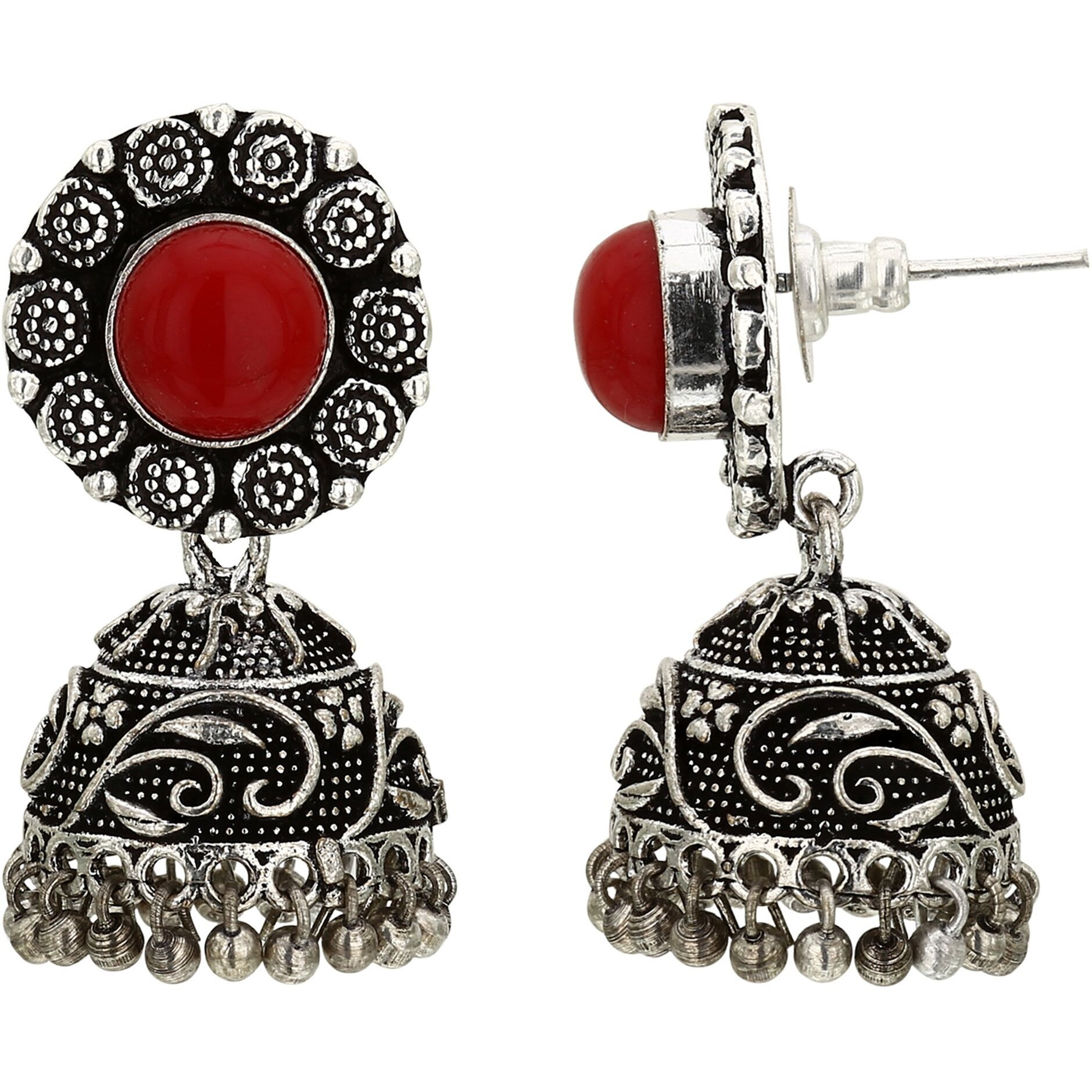 Sasitrends Oxidised German Silver Necklace with Jumki for Women and Girls (Red)
