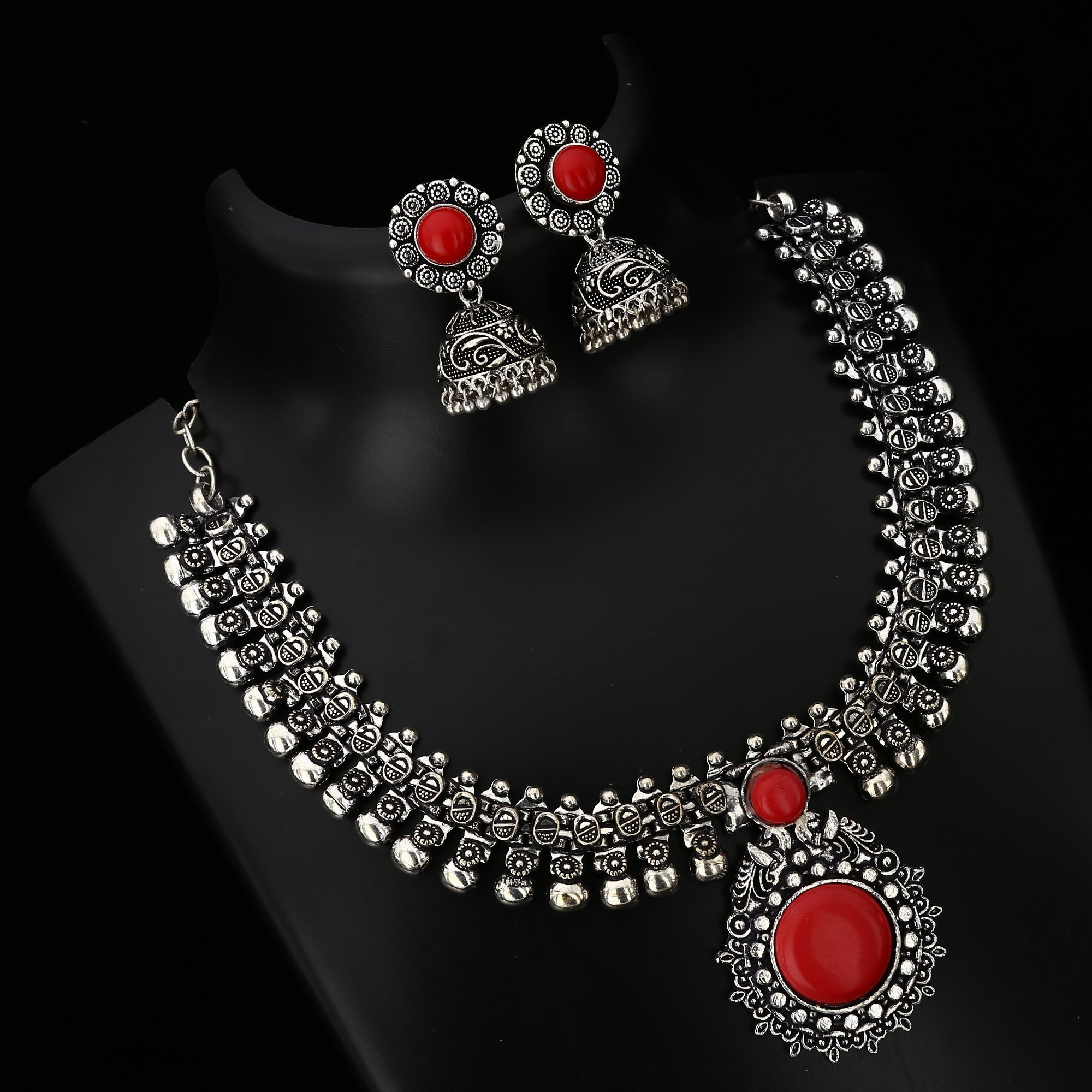 Sasitrends Oxidised German Silver Necklace with Jumki for Women and Girls (Red)