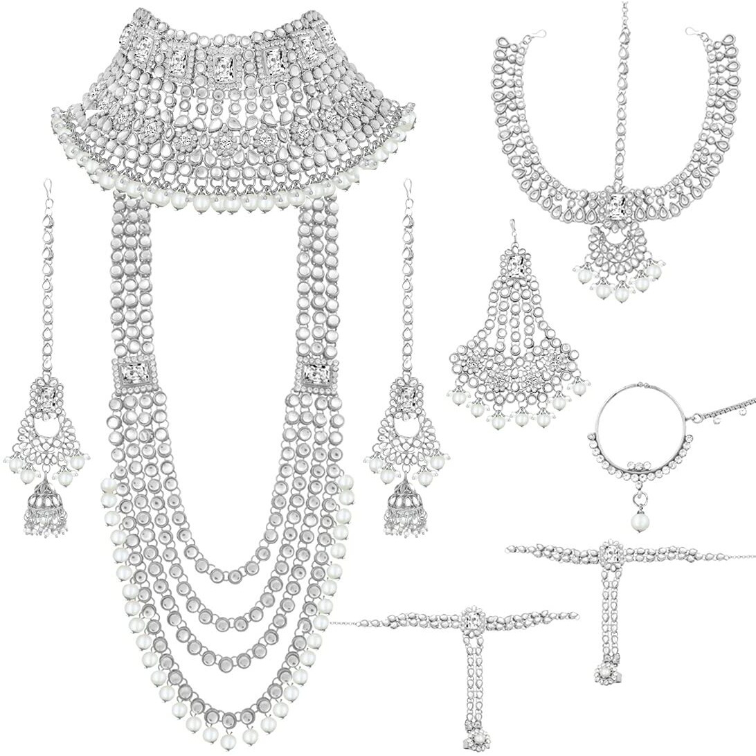 Peora Ethnic Indian Traditional Silver Plated Bras Alloy Kundan Dulhan Bridal Jewellery Set with Choker Earrings Maang Tikka Hathphool for Women Girls, Rhodium White