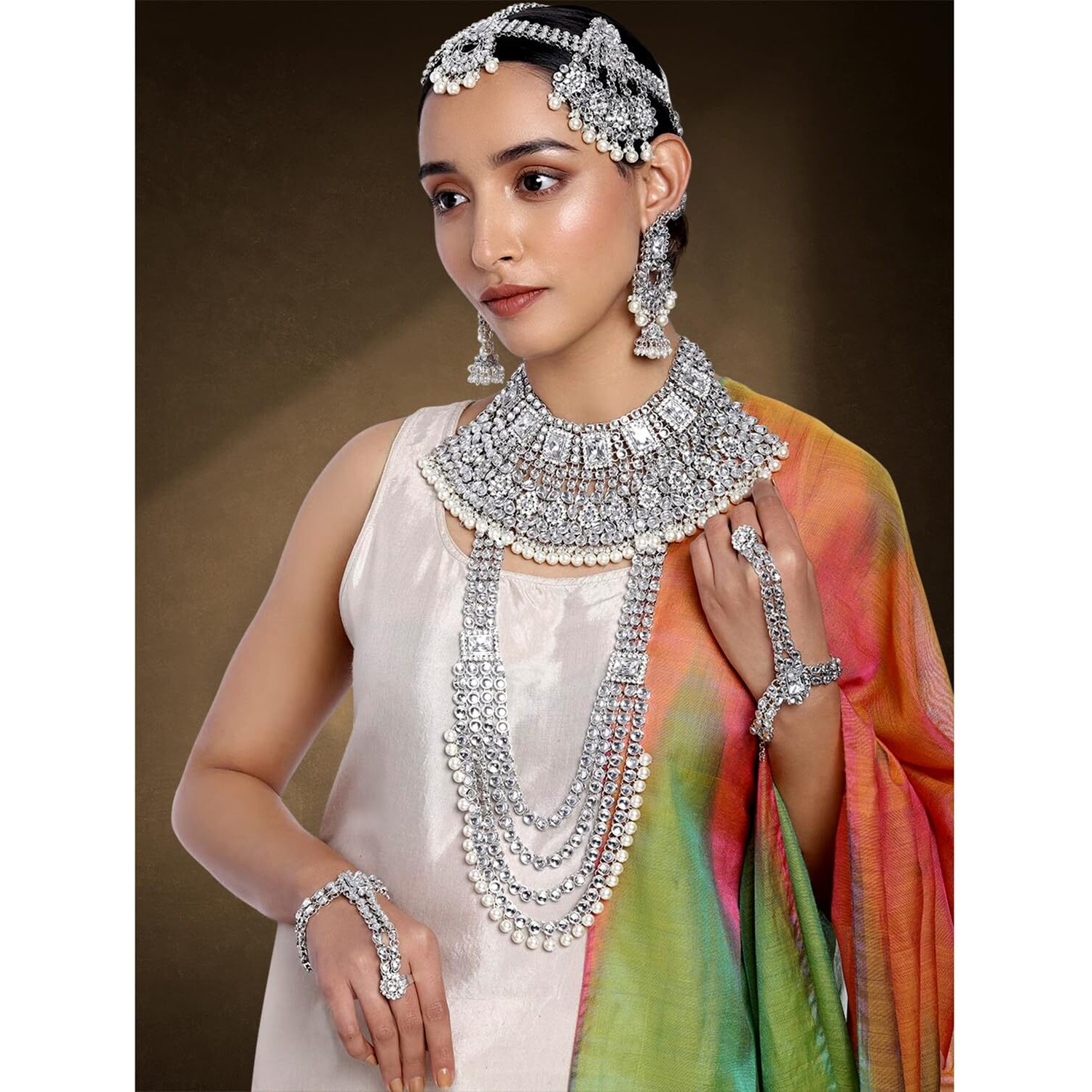 Peora Ethnic Indian Traditional Silver Plated Bras Alloy Kundan Dulhan Bridal Jewellery Set with Choker Earrings Maang Tikka Hathphool for Women Girls, Rhodium White