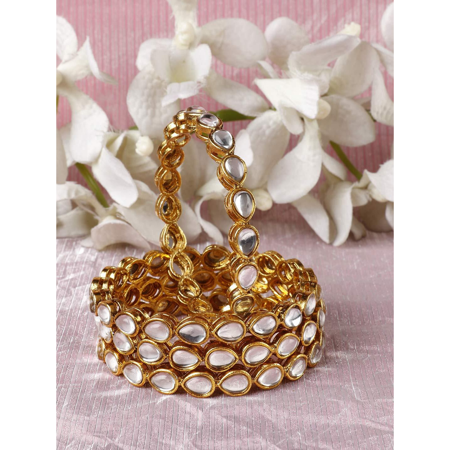 Priyaasi Kundan Studded Gold Plated Traditional Bangles for Wedding, Festival - Classic Drop Shape Kangan Set for Women (Set of 4, 2.8 Inch)