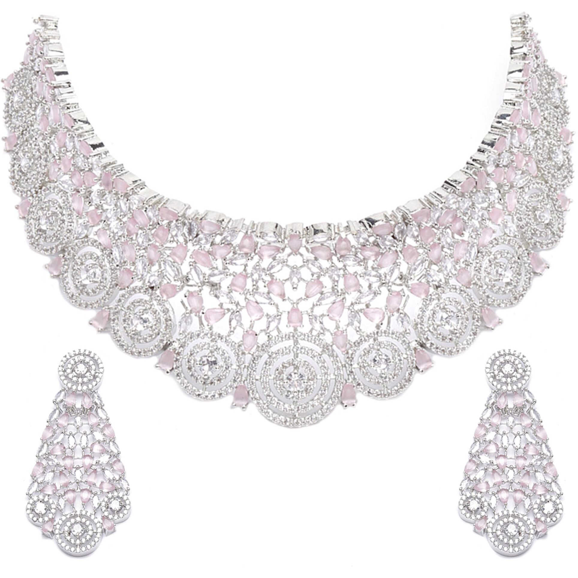 ZENEME Rhodium-Plated Silver White American Diamond Choker Necklace with Earrings Jewellery Set with Girls and Women (Pink)