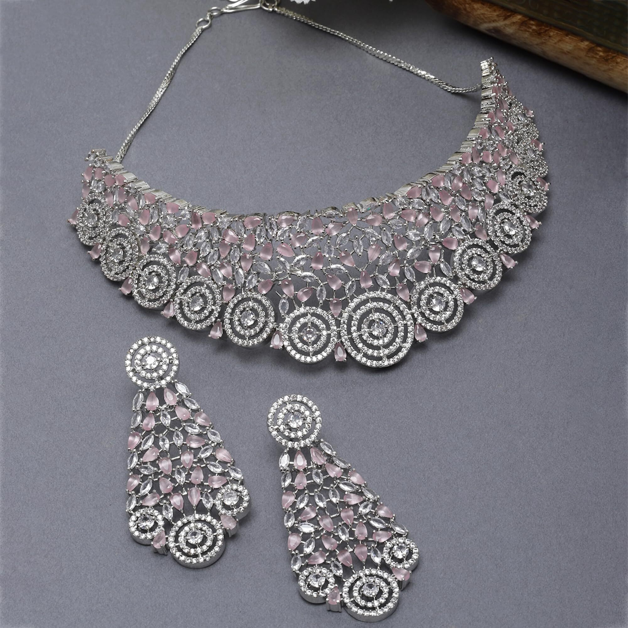 ZENEME Rhodium-Plated Silver White American Diamond Choker Necklace with Earrings Jewellery Set with Girls and Women (Pink)
