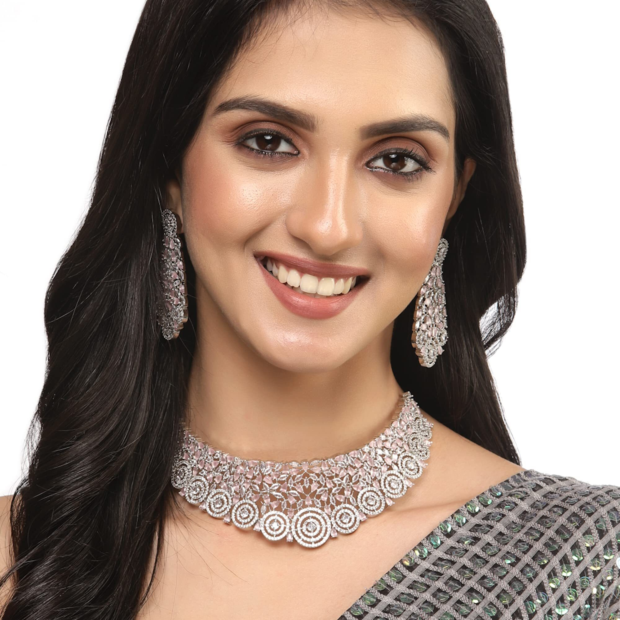ZENEME Rhodium-Plated Silver White American Diamond Choker Necklace with Earrings Jewellery Set with Girls and Women (Pink)