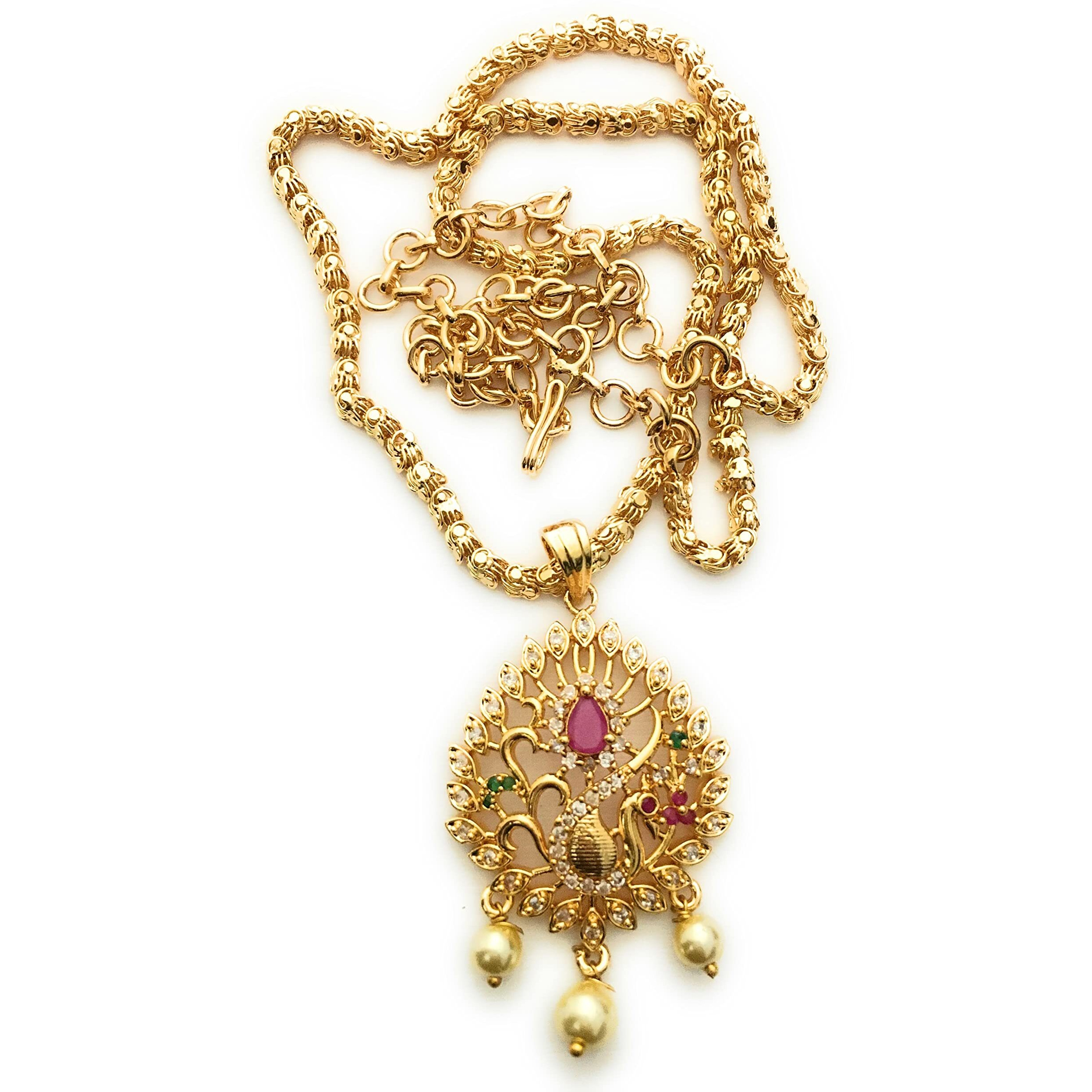 Sasitrends Traditional Gold Plated AD Stone Studded Pendant Chain Necklace for Women