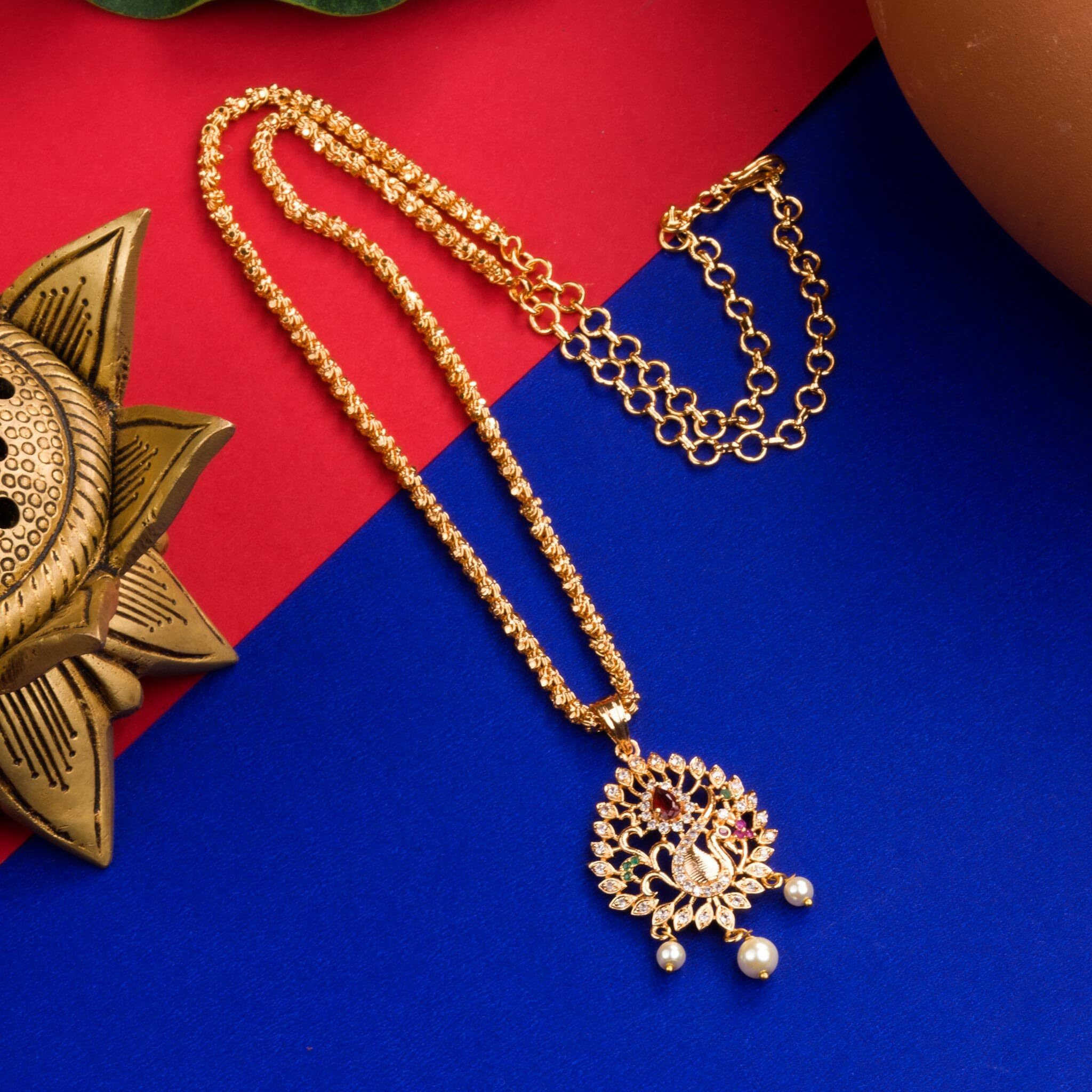 Sasitrends Traditional Gold Plated AD Stone Studded Pendant Chain Necklace for Women