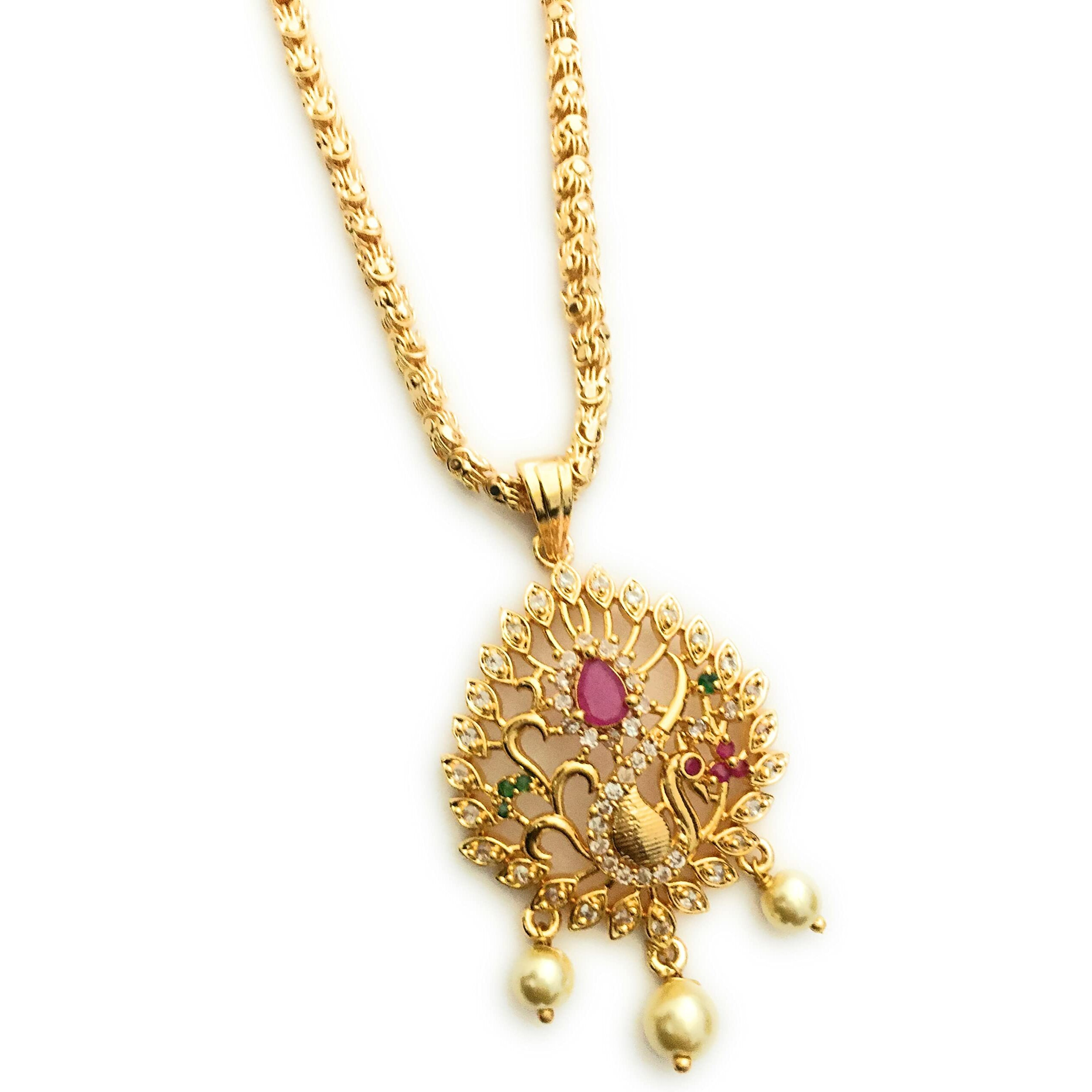 Sasitrends Traditional Gold Plated AD Stone Studded Pendant Chain Necklace for Women