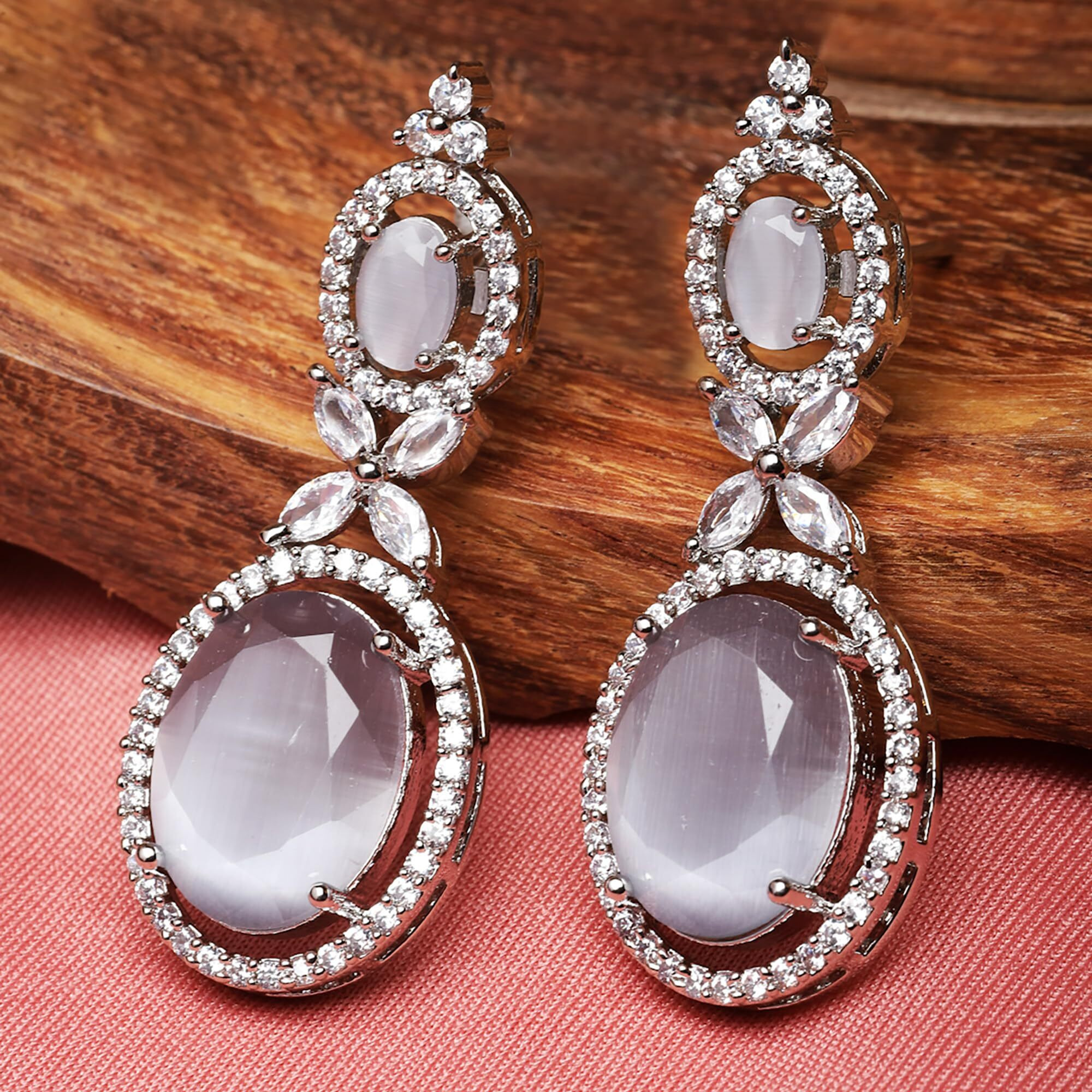 ZENEME Oxidised Silver-Plated American Diamond studded Oval Shaped Drop Earrings Jewellery For Girls and Women (Grey_Design_01)