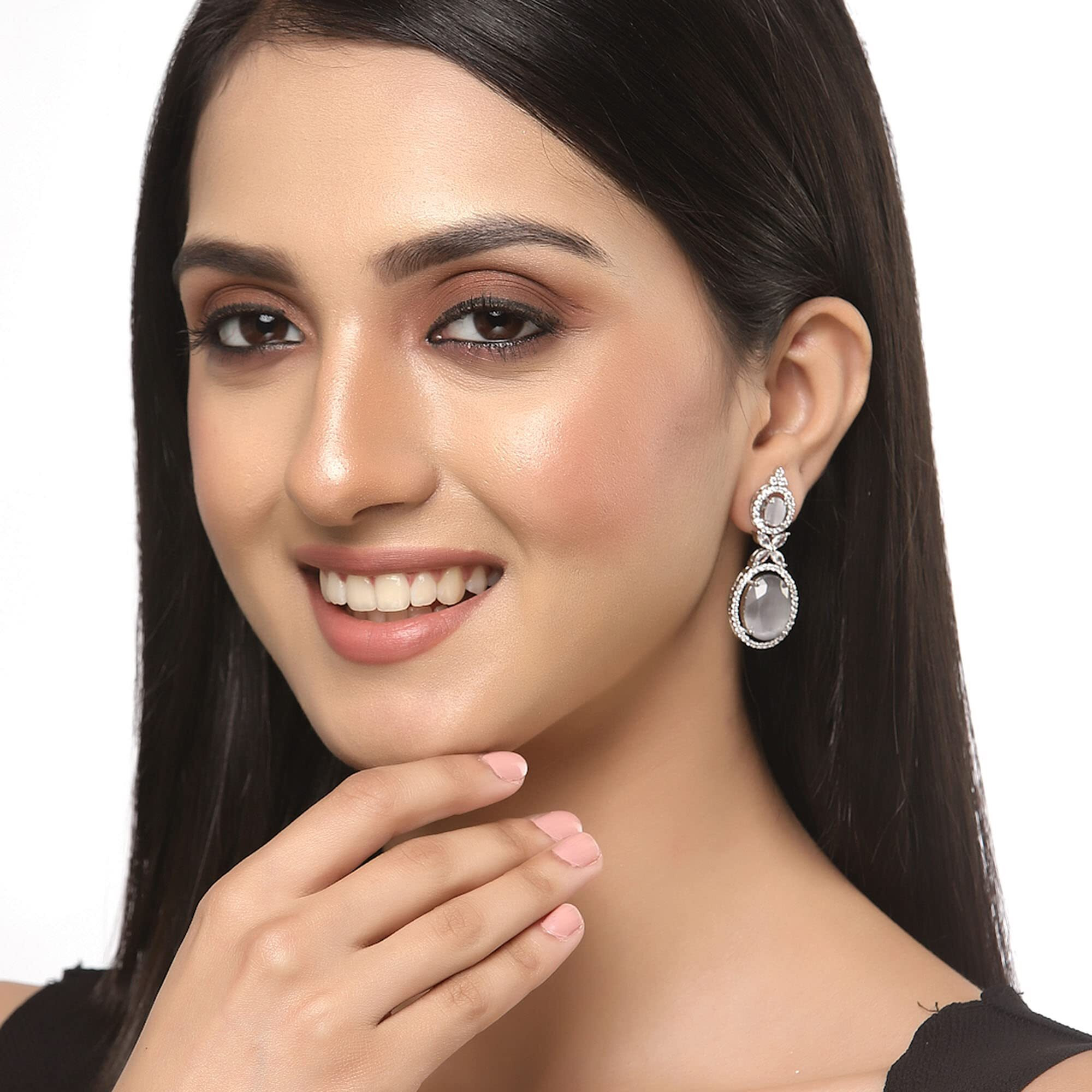 ZENEME Oxidised Silver-Plated American Diamond studded Oval Shaped Drop Earrings Jewellery For Girls and Women (Grey_Design_01)