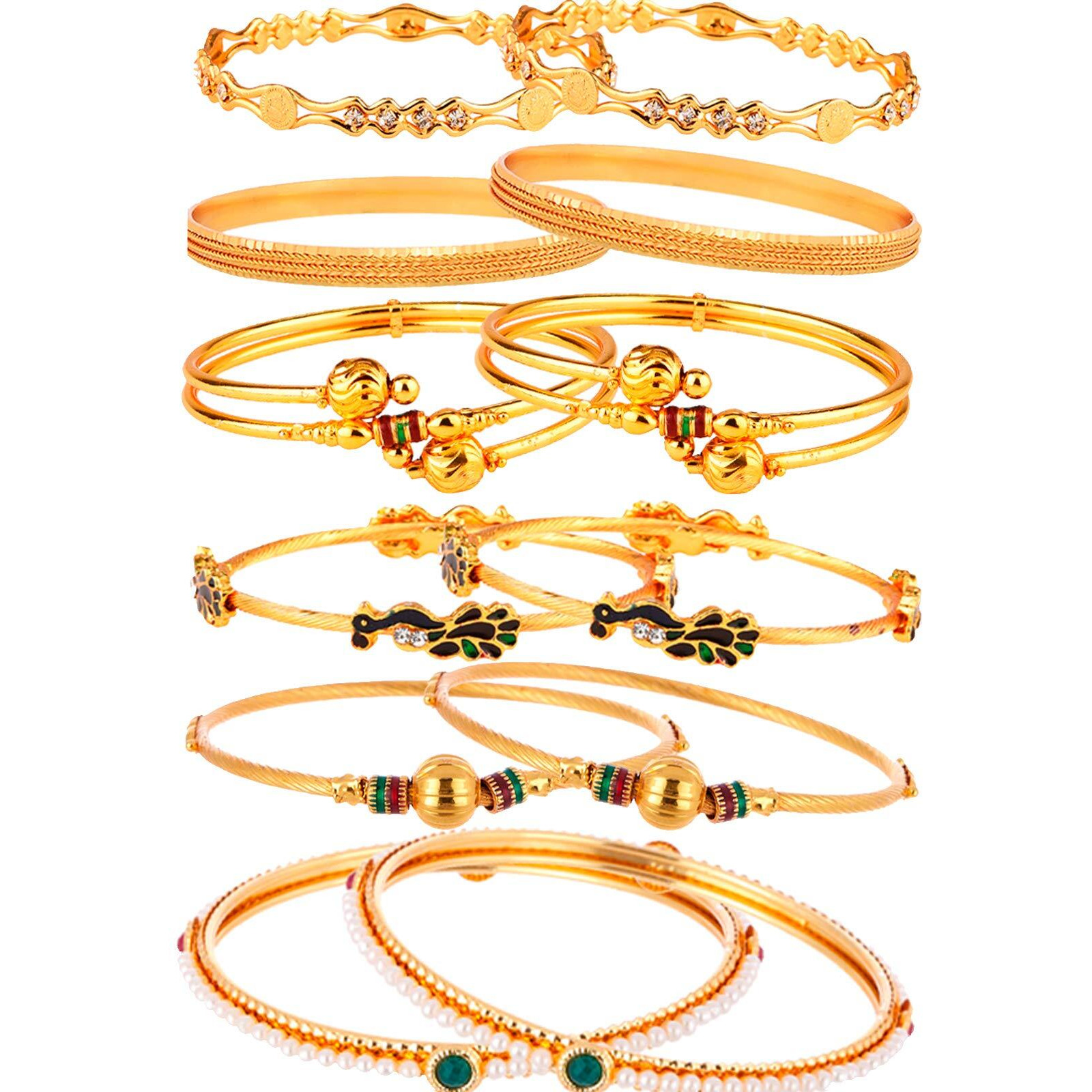 ZENEME Combo Of Victoria Bangle Set, Pearls Bangle Set, Trendy Gold Plated And Coinage Bangle Set For Women - Pack Of 12 (2.8)