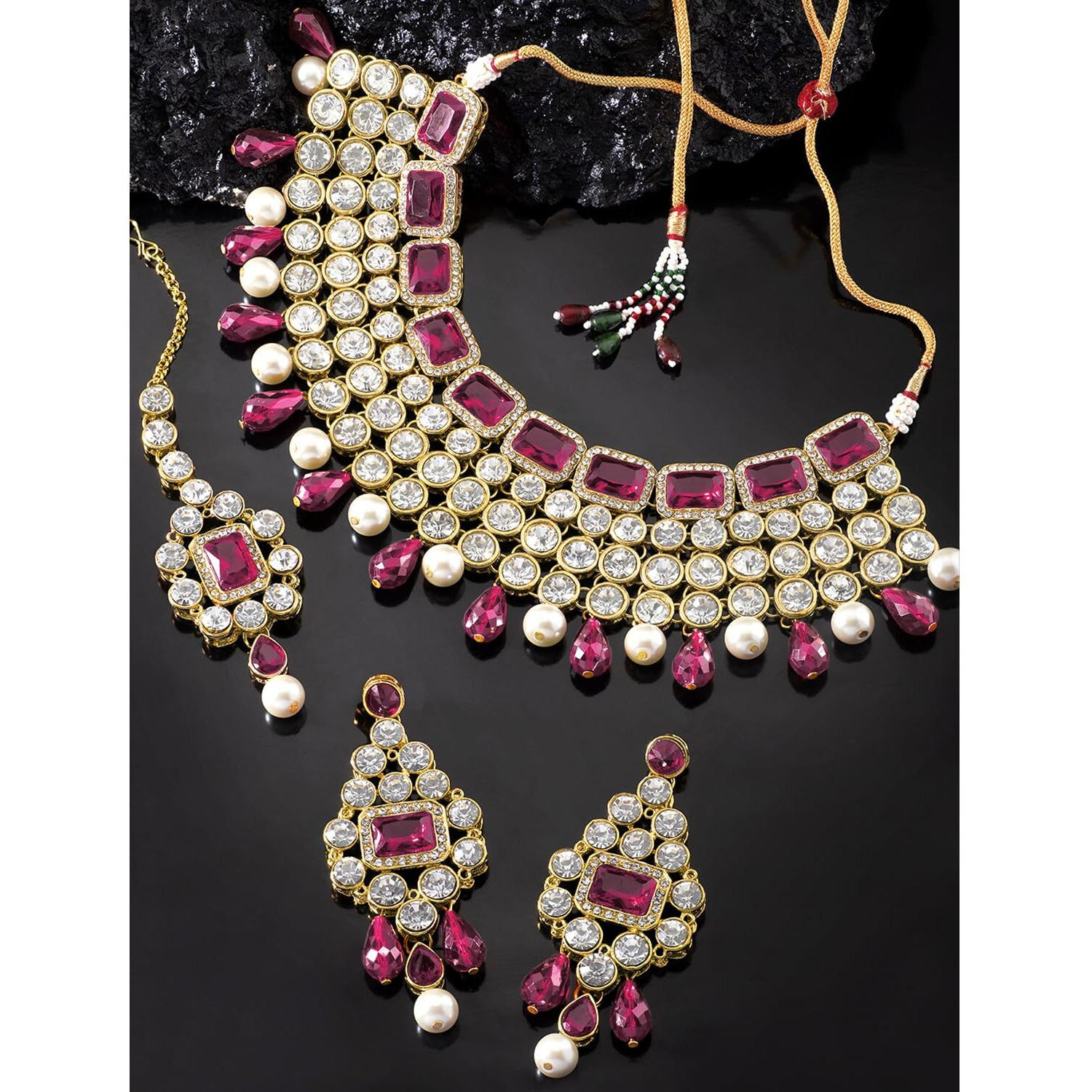 Peora Crystal Choker Necklace with Maang Tikka Earrings Indian Traditional Bridal Wedding Jewellery Set for Women Girls (Rani)