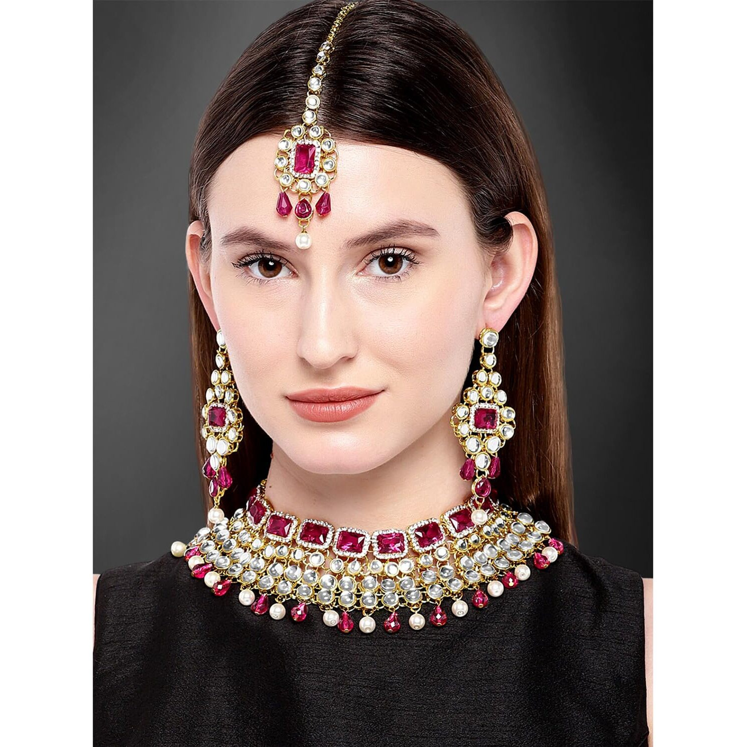 Peora Crystal Choker Necklace with Maang Tikka Earrings Indian Traditional Bridal Wedding Jewellery Set for Women Girls (Rani)
